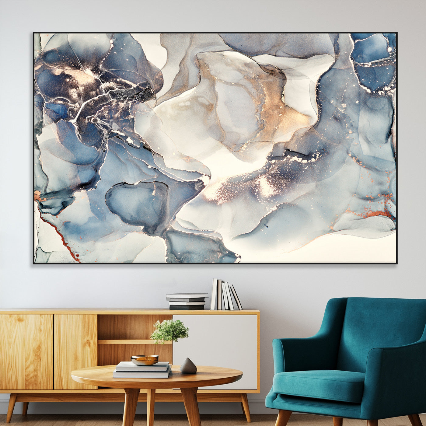 SEG-FC-51X34_Oversize - Abstract Blue and Gold Canvas Wall Art - Fluid Modern Ink Artwork - Modern Luxury Wall Decor for