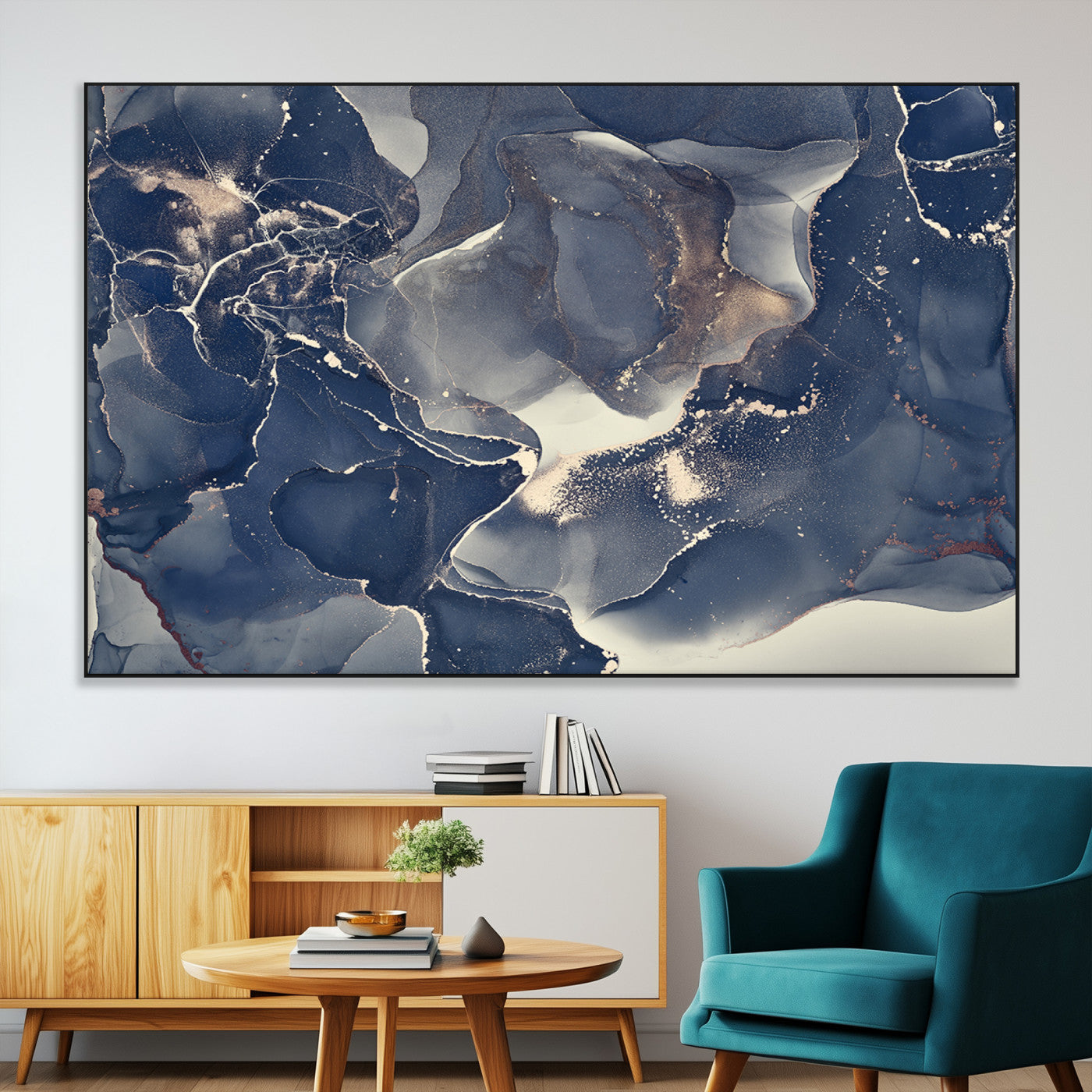 SEG-FC-51X34_Oversize - Large Abstract Blue and Gold Canvas Wall Art | Fluid Ink Artwork Print | Luxury Wall Decor for