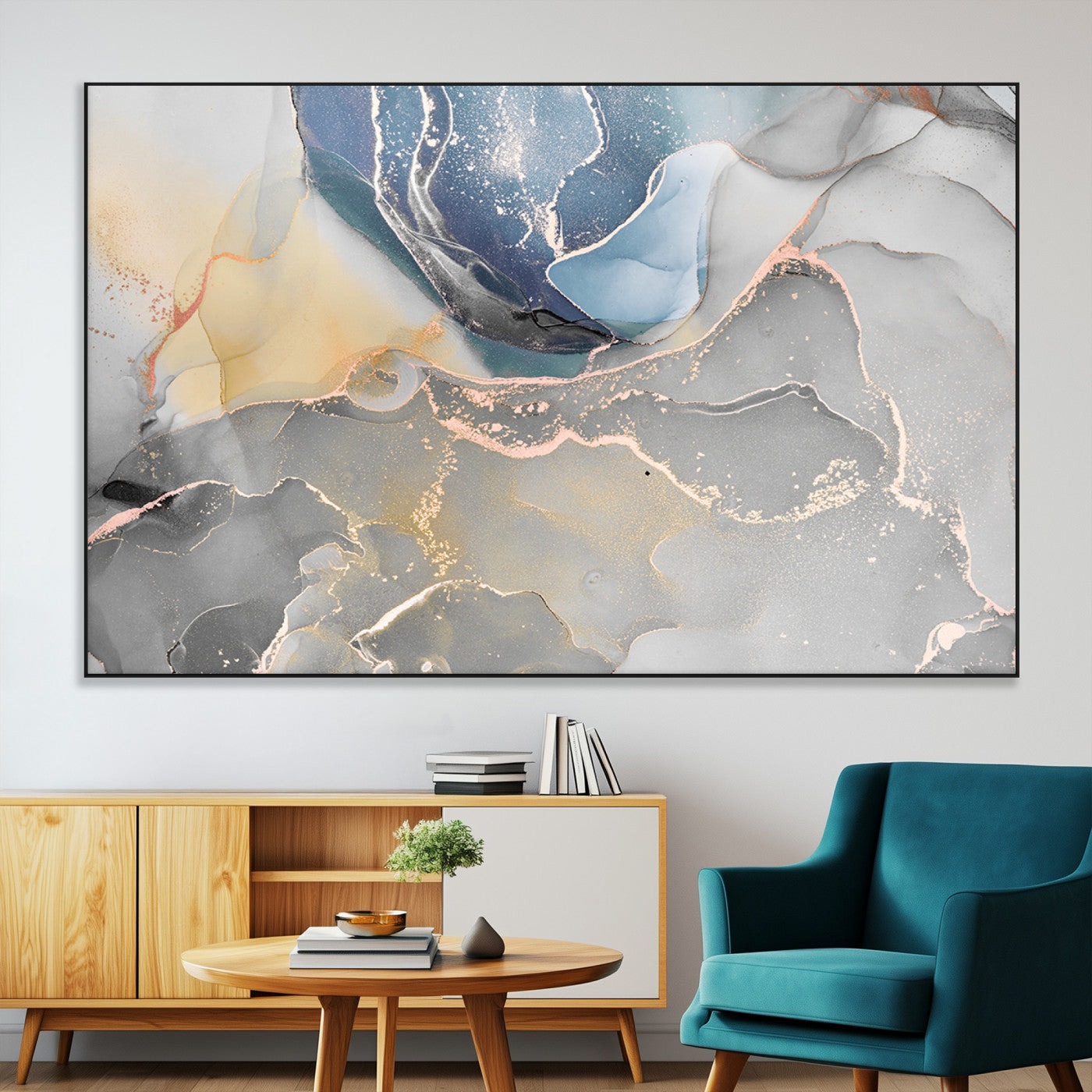 SEG-FC-51X34_Oversize - Large Abstract Blue and Gold Canvas Wall Art | Fluid Ink Artwork Print | Luxury Wall Decor for