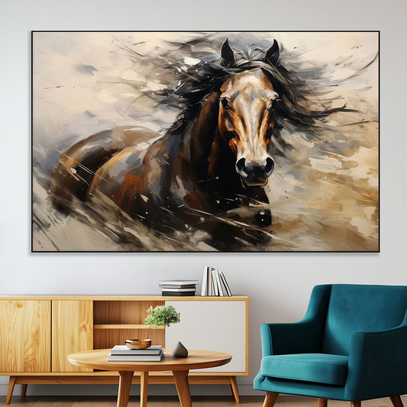 SEG-FC-51X34_Oversize - Abstract Wall Art Horse Print - Large Western Horse Canvas - Farmhouse Woodland Wall Art - Framed
