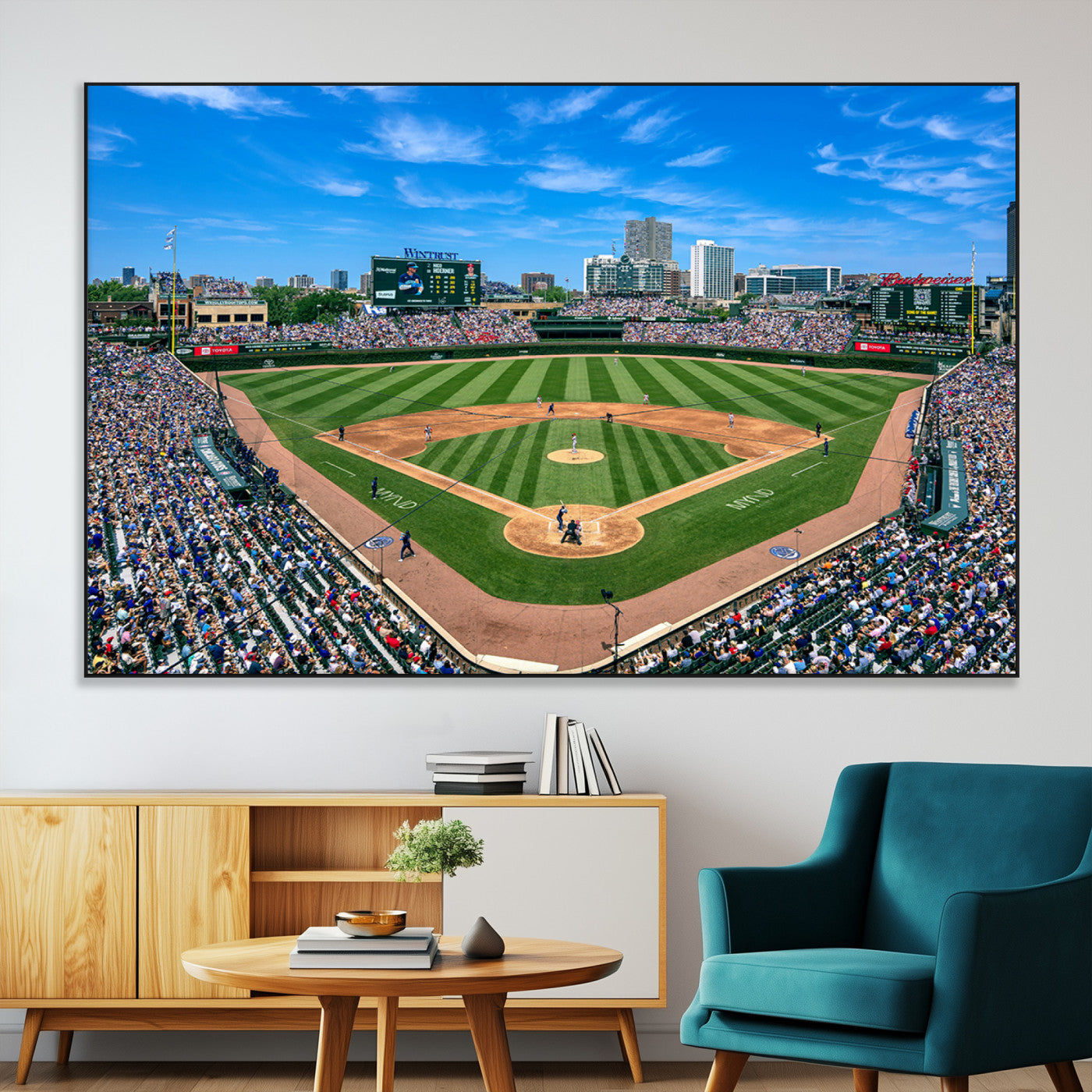 SEG-FC-51X34_Oversize - Framed Wrigley Field Chicago Cubs Print, Panoramic Multi Piece Canvas Wall Art - Iconic Baseball