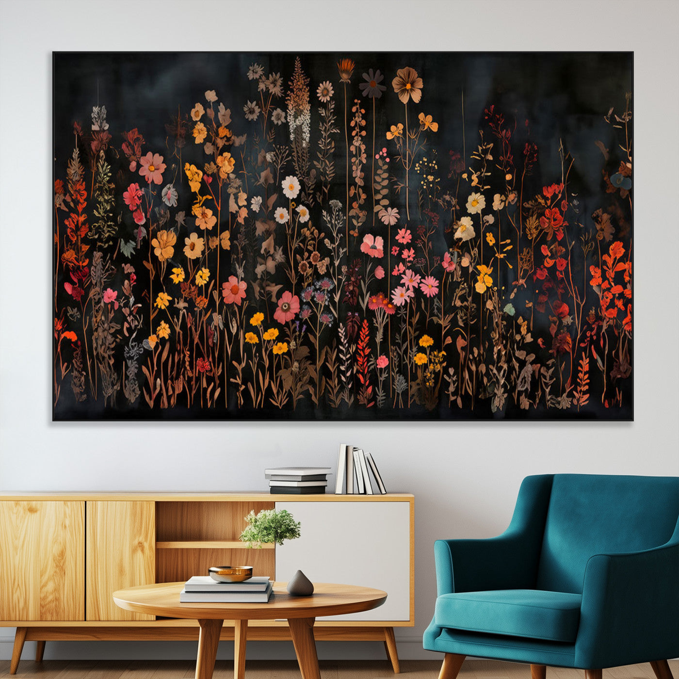 SEG-FC-51X34_Oversize - Dark Floral Canvas Wall Art - Moody Botanical Flower Print - Rustic Floral Wall Decor for Home -