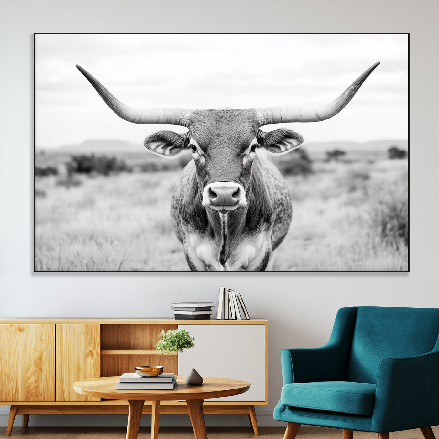 SEG-FC-51X34_Oversize - Highland Cow Wall Art Print - Black and White Texas Western Longhorn Canvas - Farmhouse Decor Print