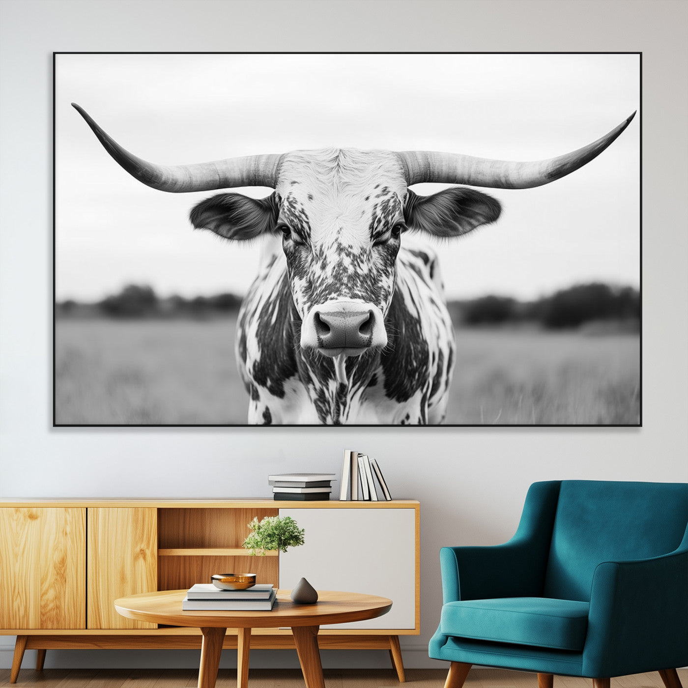 SEG-FC-51X34_Oversize - Highland Cow Wall Art - Black and White Western Longhorn Canvas Print - Farmhouse Living Room Decor
