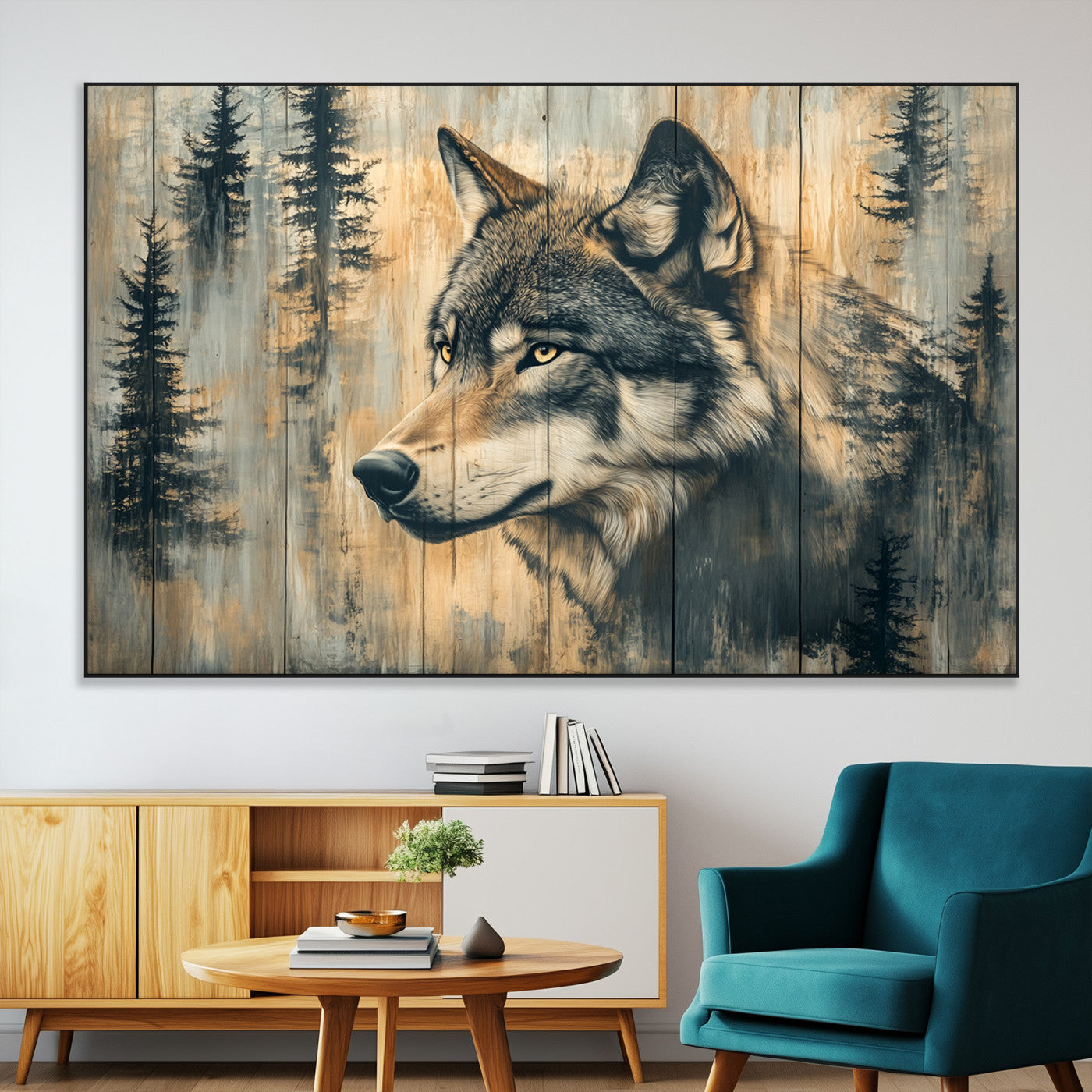 SEG-FC-51X34_Oversize - Wood Style Rustic Wolf Wall Art Canvas Print, Vintage Woodland Wolf Wall Art, Framed Wood Style Wolf