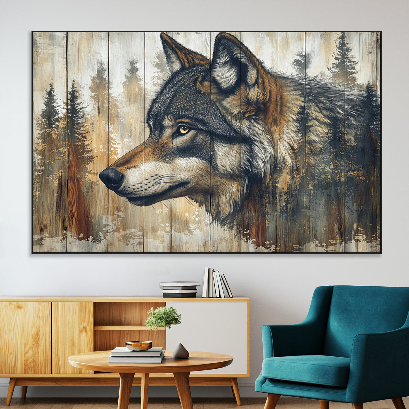 SEG-FC-51X34_Oversize - Rustic Wolf Wall Art Canvas Print, Vintage Woodland Wolf Wall Art