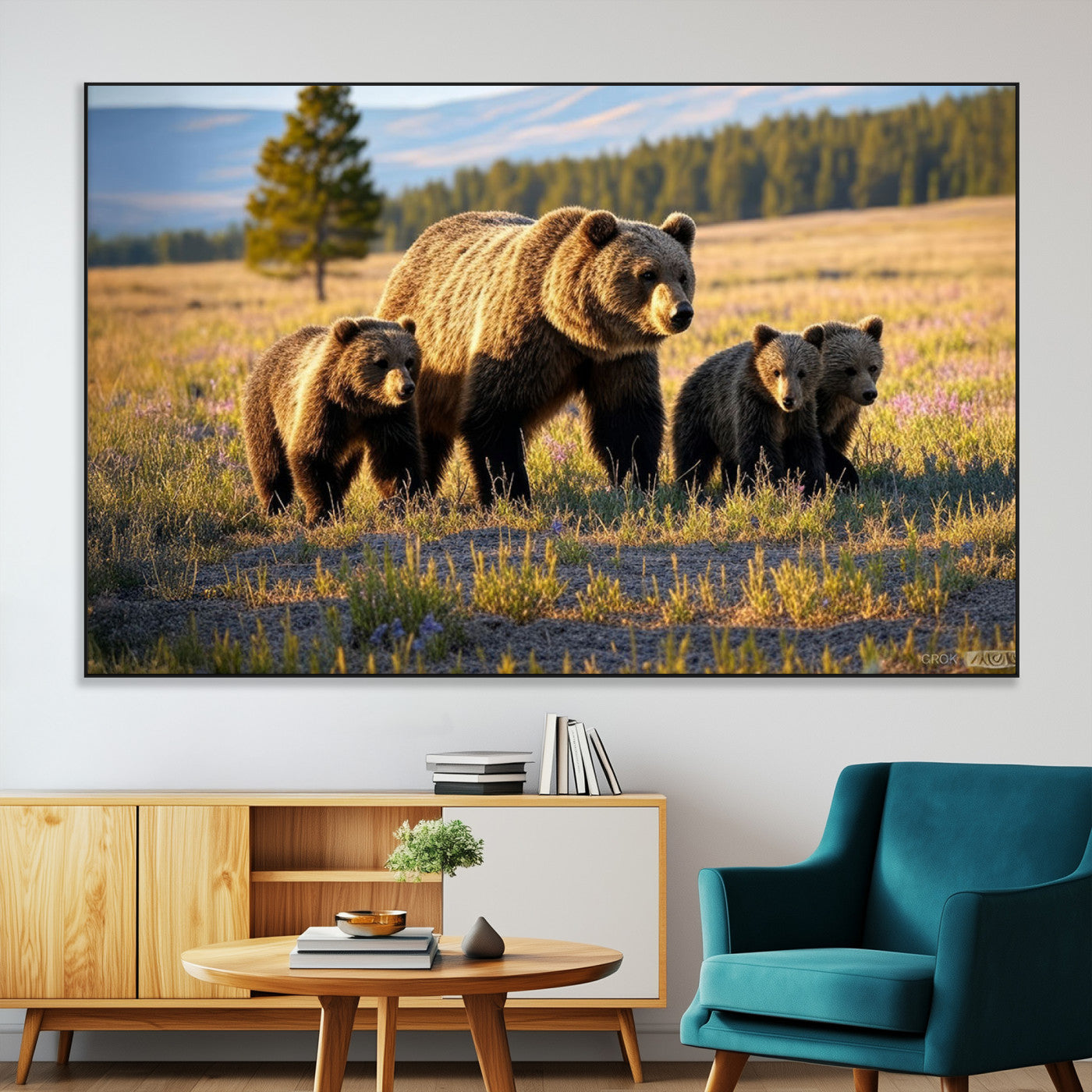 SEG-FC-51X34_Oversize - Grizzly 399 in Wild Flowers Wall Art Canvas Print, Grizzly Bears Wall Art, Queen of Grand Teton