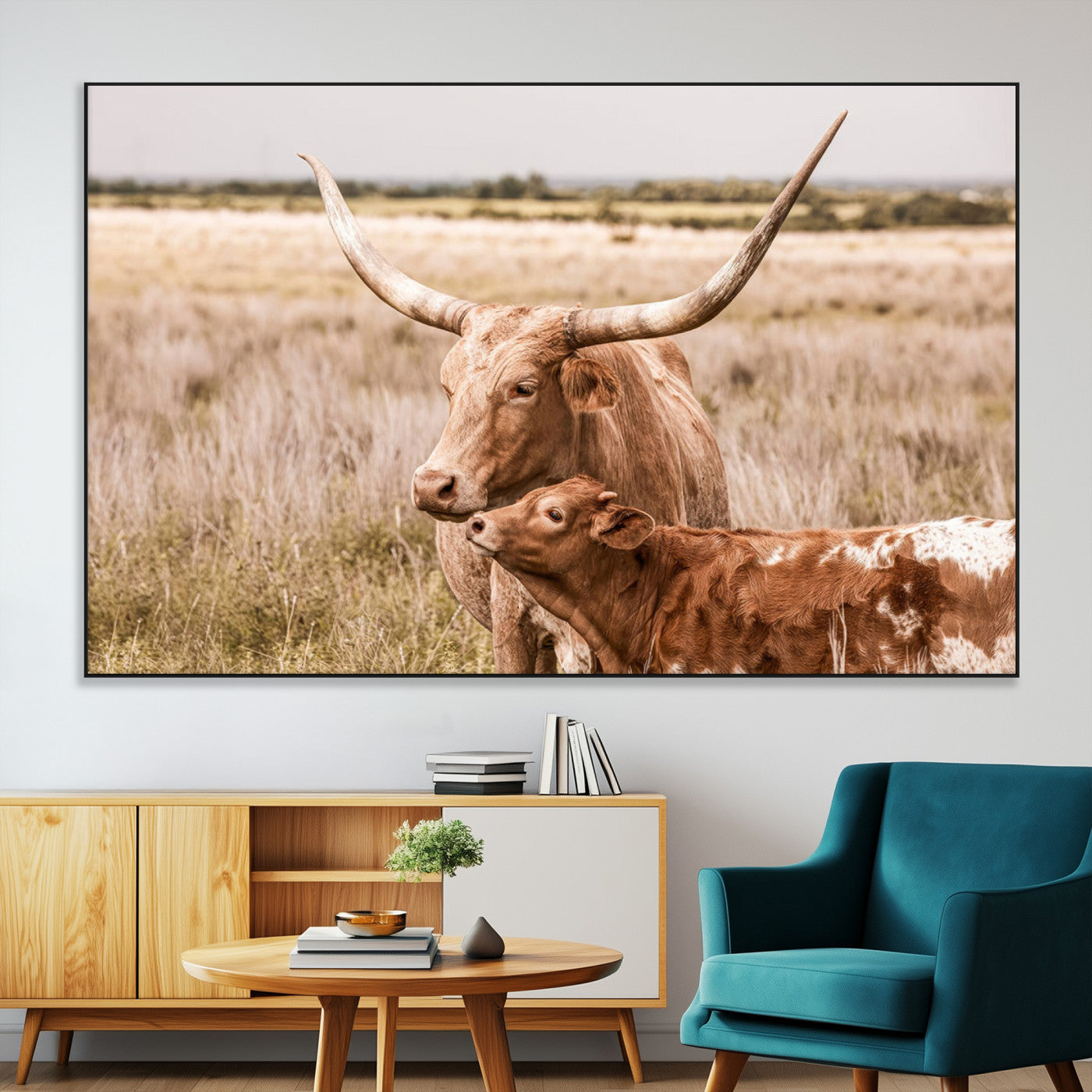 SEG-FC-51X34_Oversize - Texas Longhorn Cow Wall Art Canvas Print for Farmhouse Wall Art, Texas Decor, Western Wall Art Print