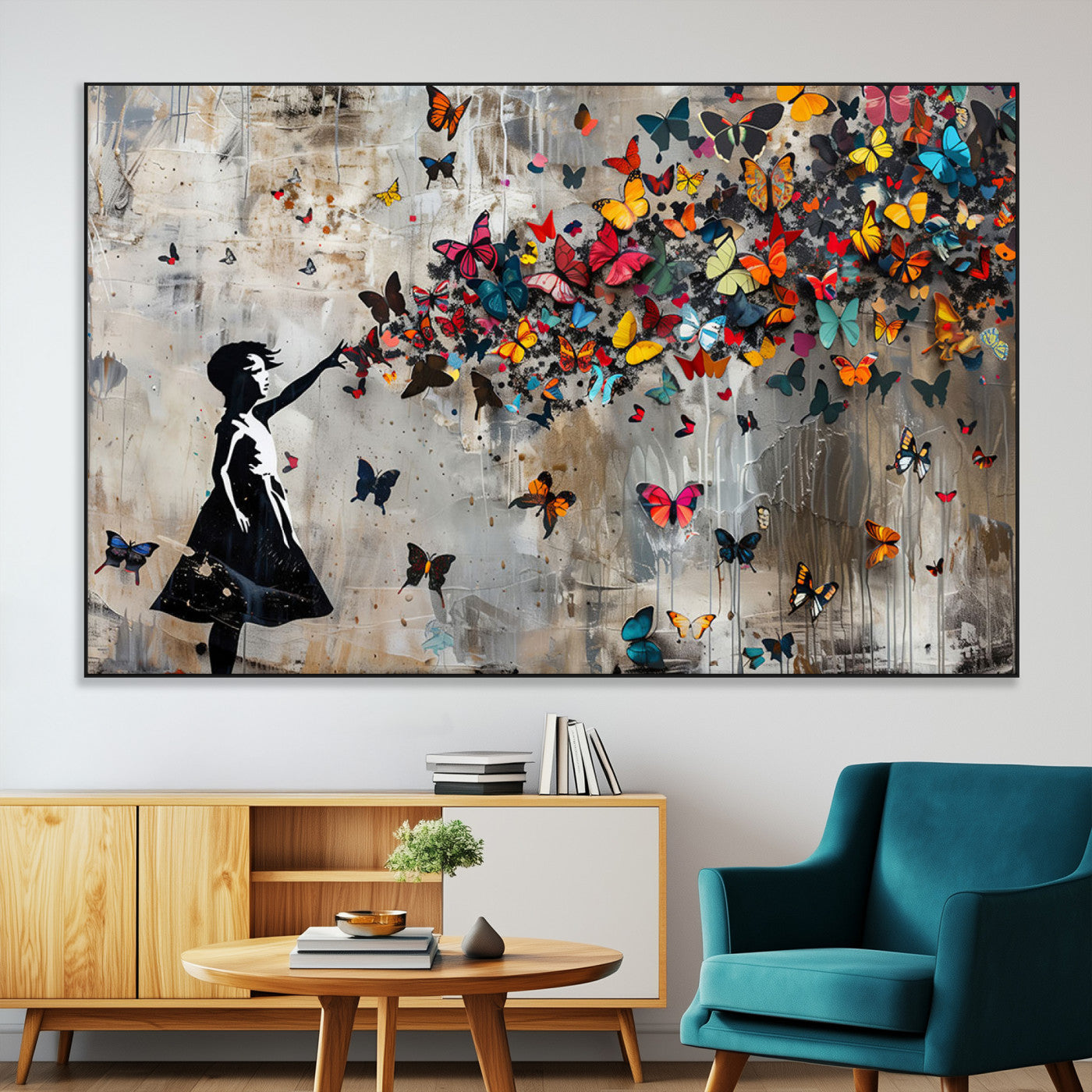 SEG-FC-51X34_Oversize - Framed Banksy Butterfly Girl Wall Art ,3-Piece Butterfly Girl Canvas, Modern Graffiti Canvas Print