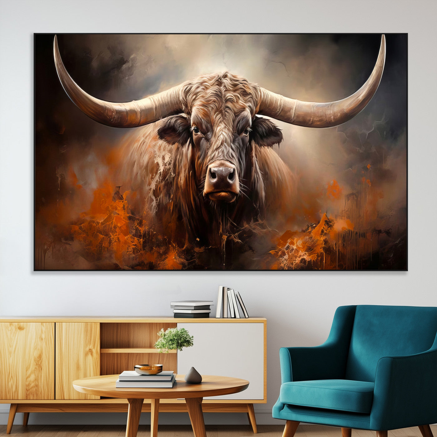 SEG-FC-51X34_Oversize - Highland Bull Canvas Abstract Canvas Wall Art Print – Powerful Highland Bull with Striking Horns in