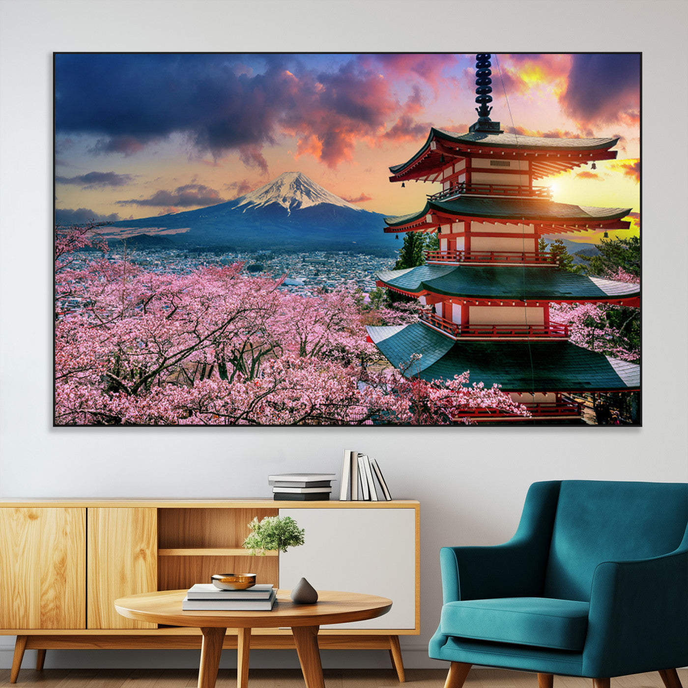 SEG-FC-51X34_Oversize - Mount Fuji & Cherry Blossom Wall Art Canvas Print – Iconic Japanese Landscape, Sakura Pagoda Sunset,
