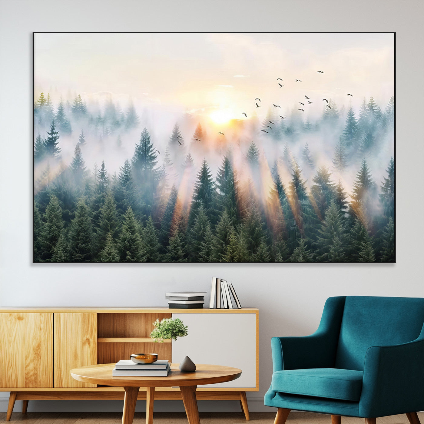 SEG-FC-51X34_Oversize - Misty Pine Forest Wall Art Canvas, Sunrise Over Foggy Trees Canvas for Home - Office, Framed