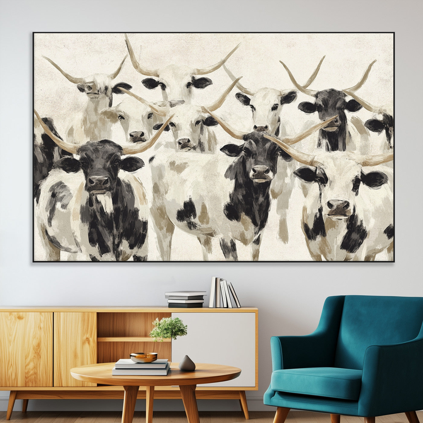 SEG-FC-51X34_Oversize - Longhorn Texas Cow Drawing Abstract Wall Art Canvas Print for Farmhouse Decor, Texas Bull Printing