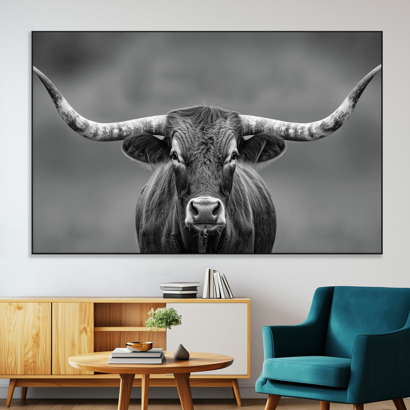 SEG-FC-51X34_Oversize - Framed Texas Longhorn Bull Art Canvas Print, Western Bull Wall Art Print, Long Horn Bull Photo Print