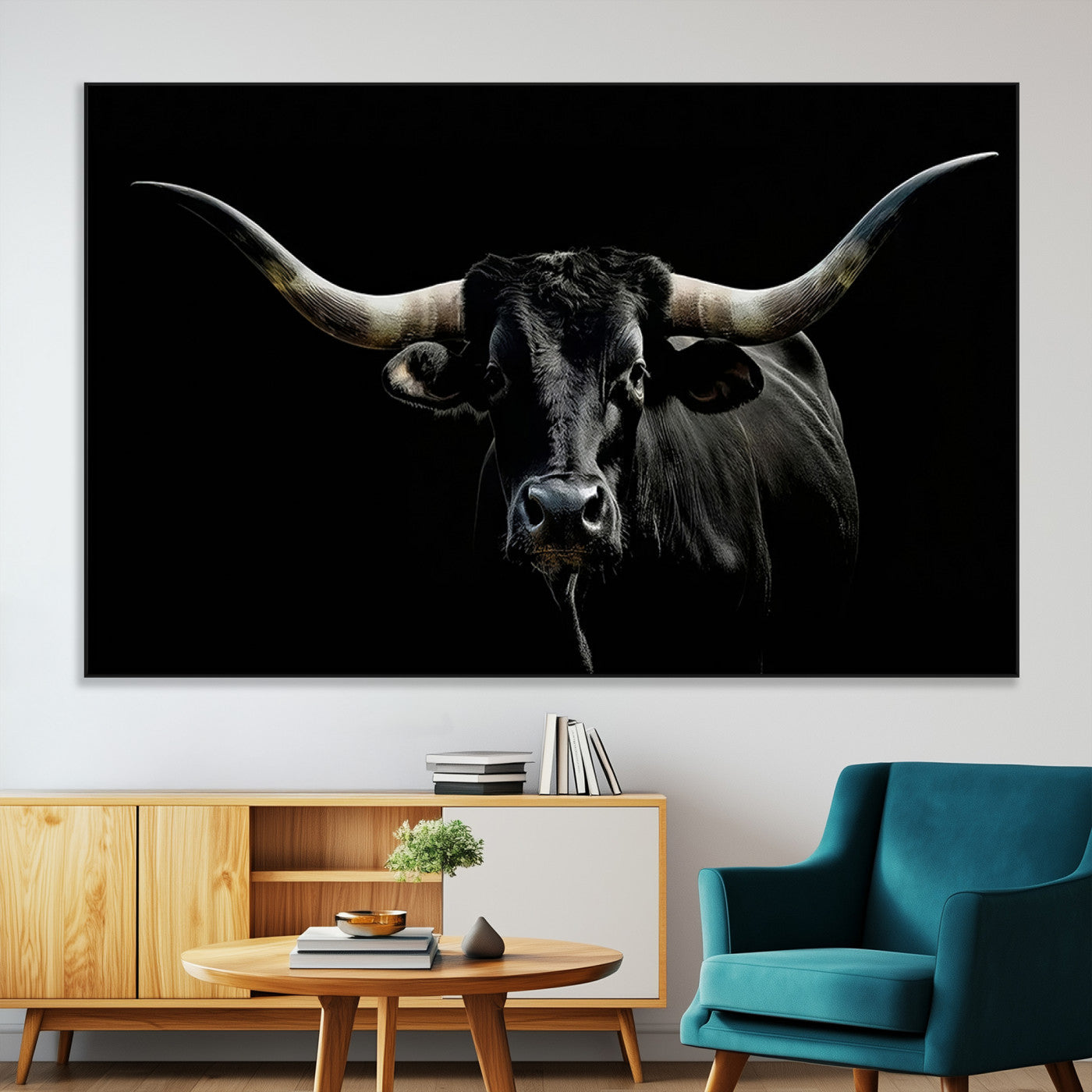 SEG-FC-51X34_Oversize - Texas Black Bull Wall Art Print, Longhorn Bull Canvas Wall Art