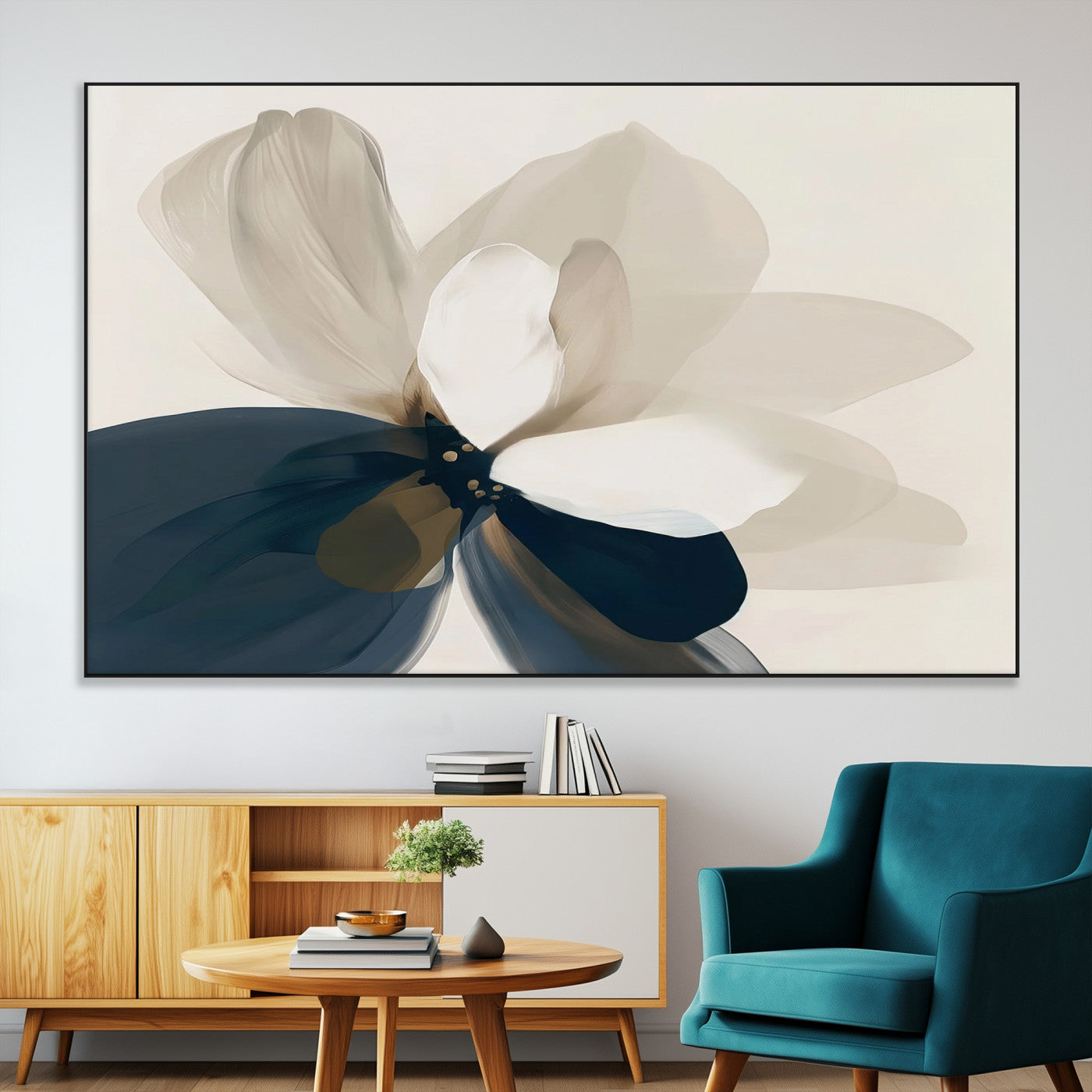 SEG-FC-51X34_Oversize - Minimal Flower Wall Art Canvas Print, Framed Flower Drawing Art Picture Print, Beige Bloom Perfect Modern Botanical Decor Artwork