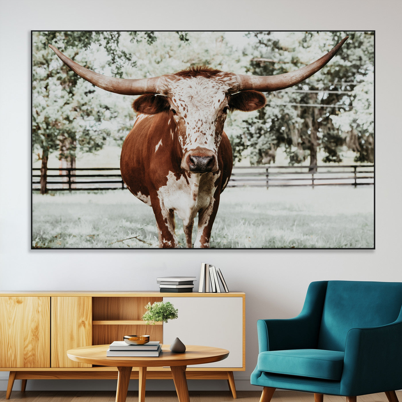 SEG-FC-51X34_Oversize - Texas Longhorn Wall Art Canvas Print, Framed Spotted Cow Art Picture Print, Horned Cattle Perfect Rustic Western Decor Artwork