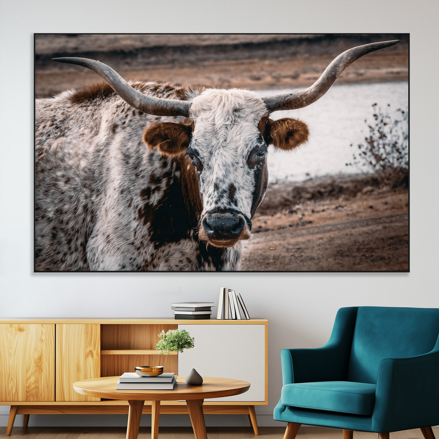 SEG-FC-51X34_Oversize - Texas Longhorn Wall Art Canvas Print, Framed Spotted Cow Art Picture Print, Horned Cattle Perfect Rustic Western Decor Artwork