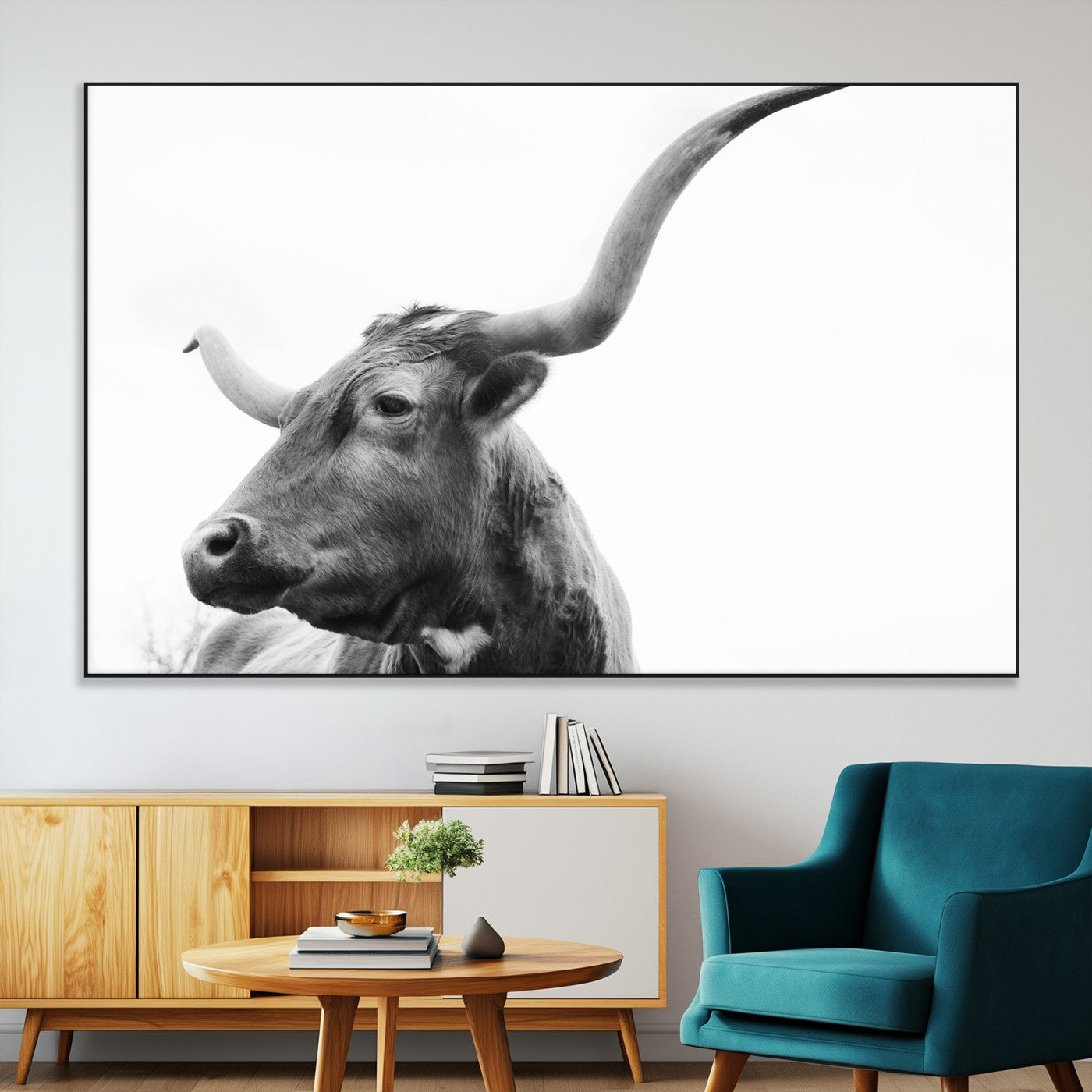 SEG-FC-51X34_Oversize - Longhorn Wall Art Wall Art Canvas Print, Framed Modern Ranch Style Art Art Picture Print, Monochrome Cow Print Perfect Rustic Western Decor Artwork