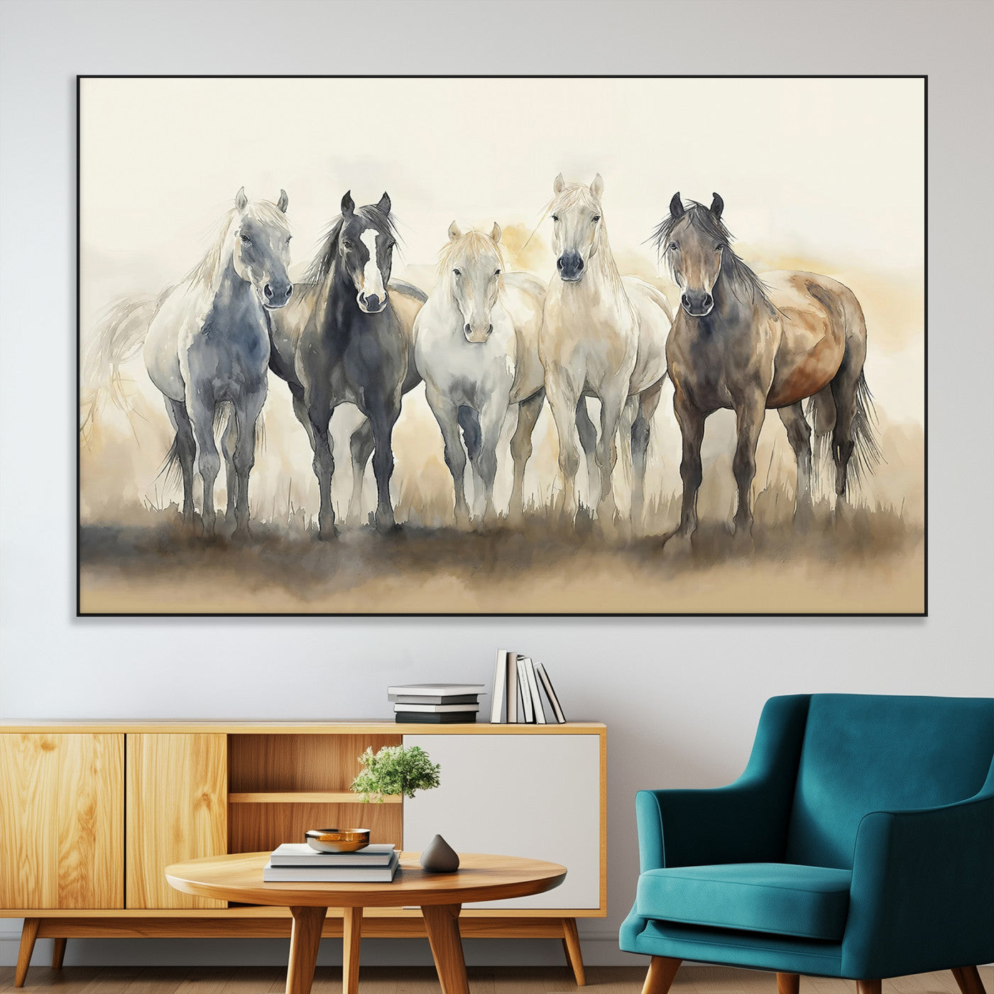 SEG-FC-51X34_Oversize - Wild Horses Wall Art Canvas Print, Framed Running Horses Art Picture Print, Watercolor Horses Perfect Rustic Western Decor Artwork