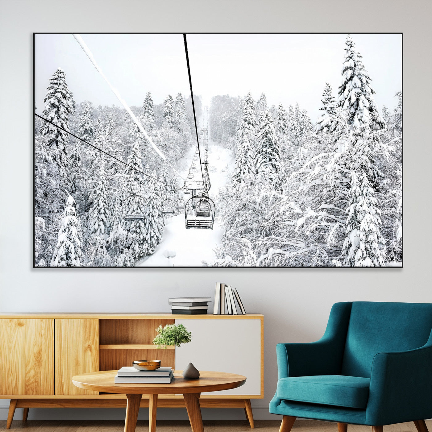 SEG-FC-51X34_Oversize - Snowy Mountains Wall Art Canvas Print, Framed Ski Lift Art Picture Print, Winter Forest Perfect