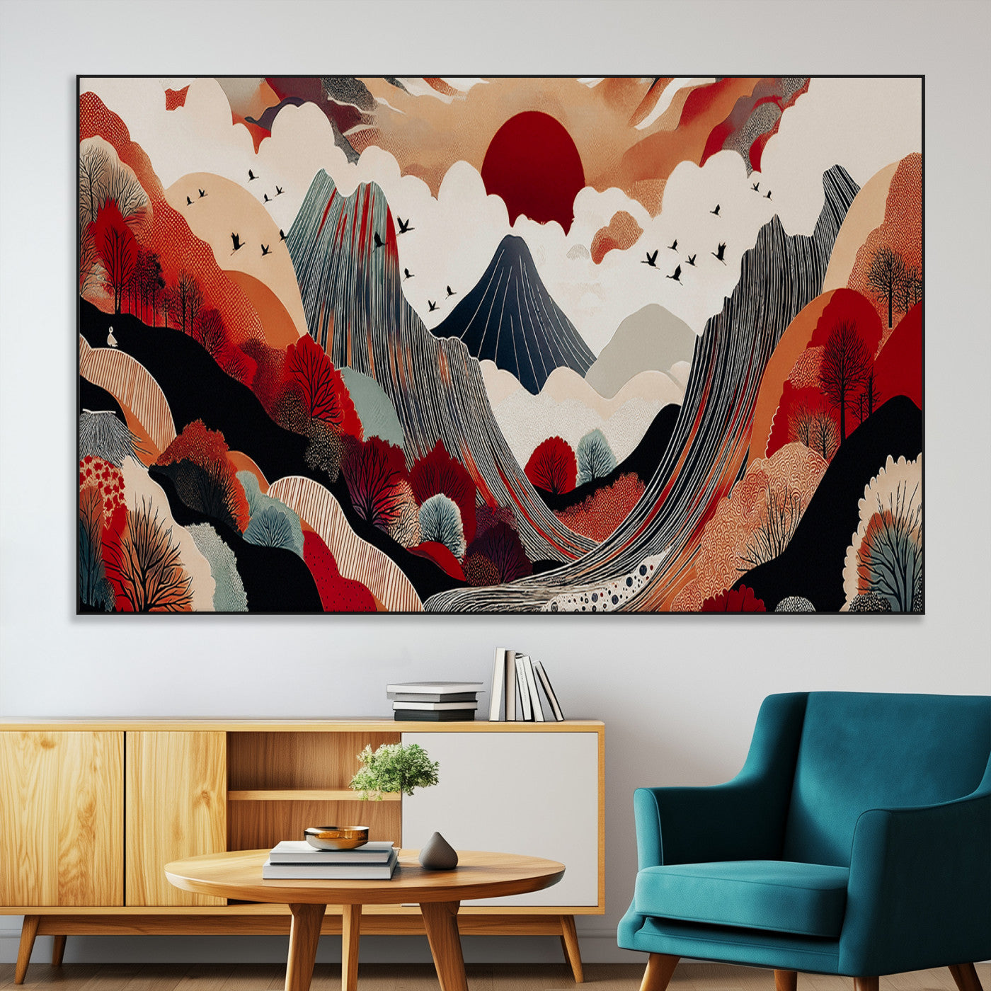SEG-FC-51X34_Oversize - Abstract Mountain Wall Art Canvas Print, Framed Vibrant Landscape Art Picture Print, Stylized Nature Drawing Perfect Contemporary Minimalist Decor Artwork