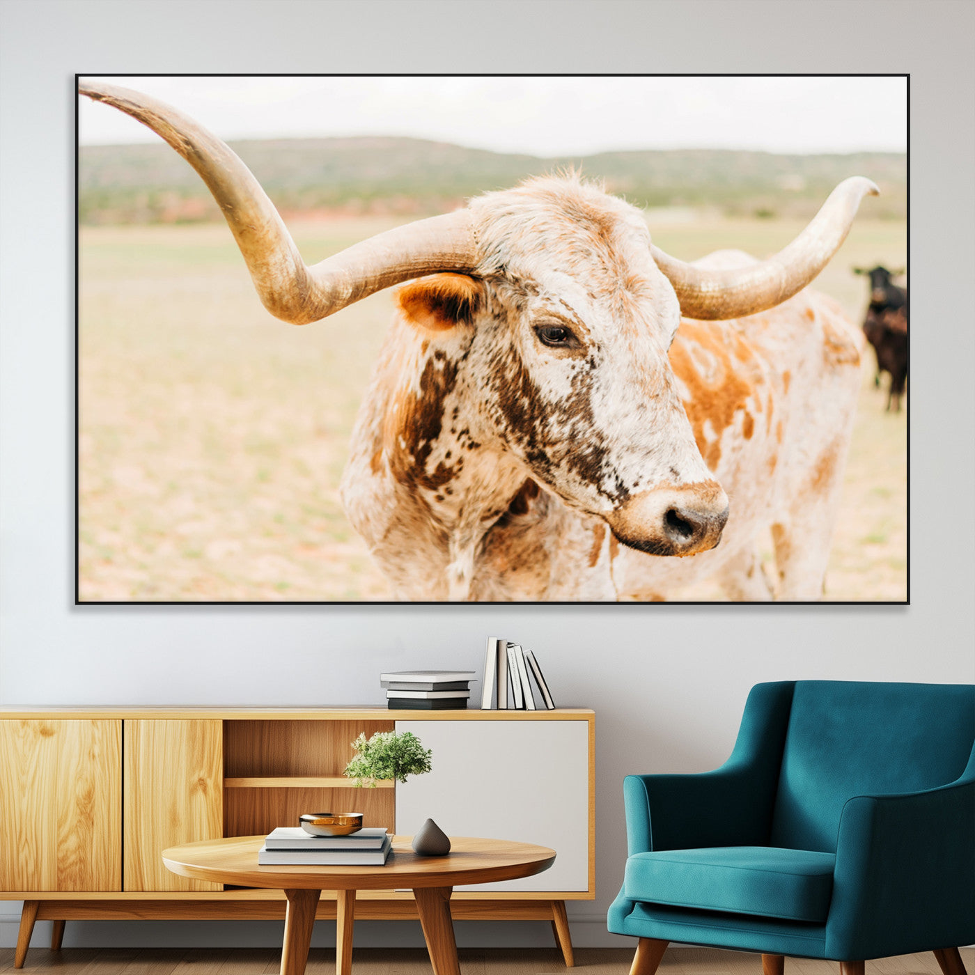 SEG-FC-51X34_Oversize - Texas Longhorn Wall Art Canvas Print, Framed Speckled Cow Art Picture Print, Rustic Bull Perfect Rustic Western Decor Artwork