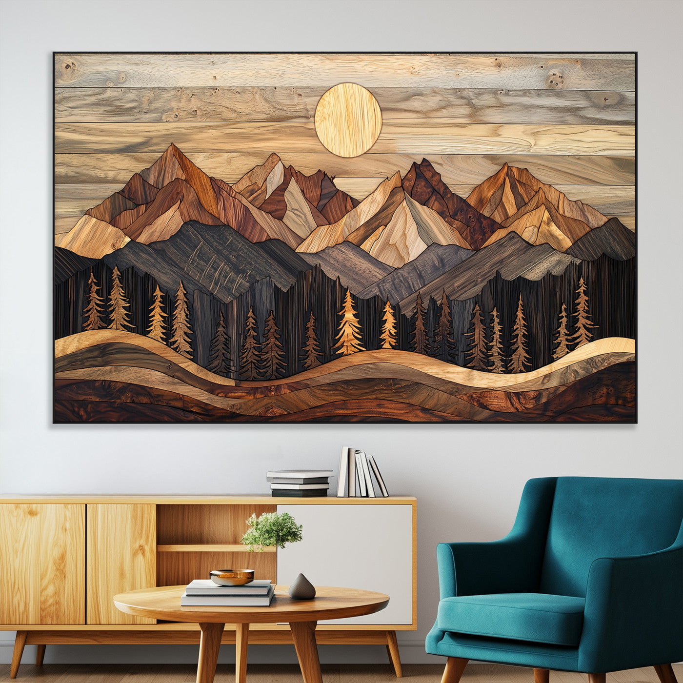 SEG-FC-51X34_Oversize - Wood Mountain Wall Art Canvas Print, Framed Boho Wood Art Picture Print, Abstract Woodland Perfect Farmhouse Decor Artwork