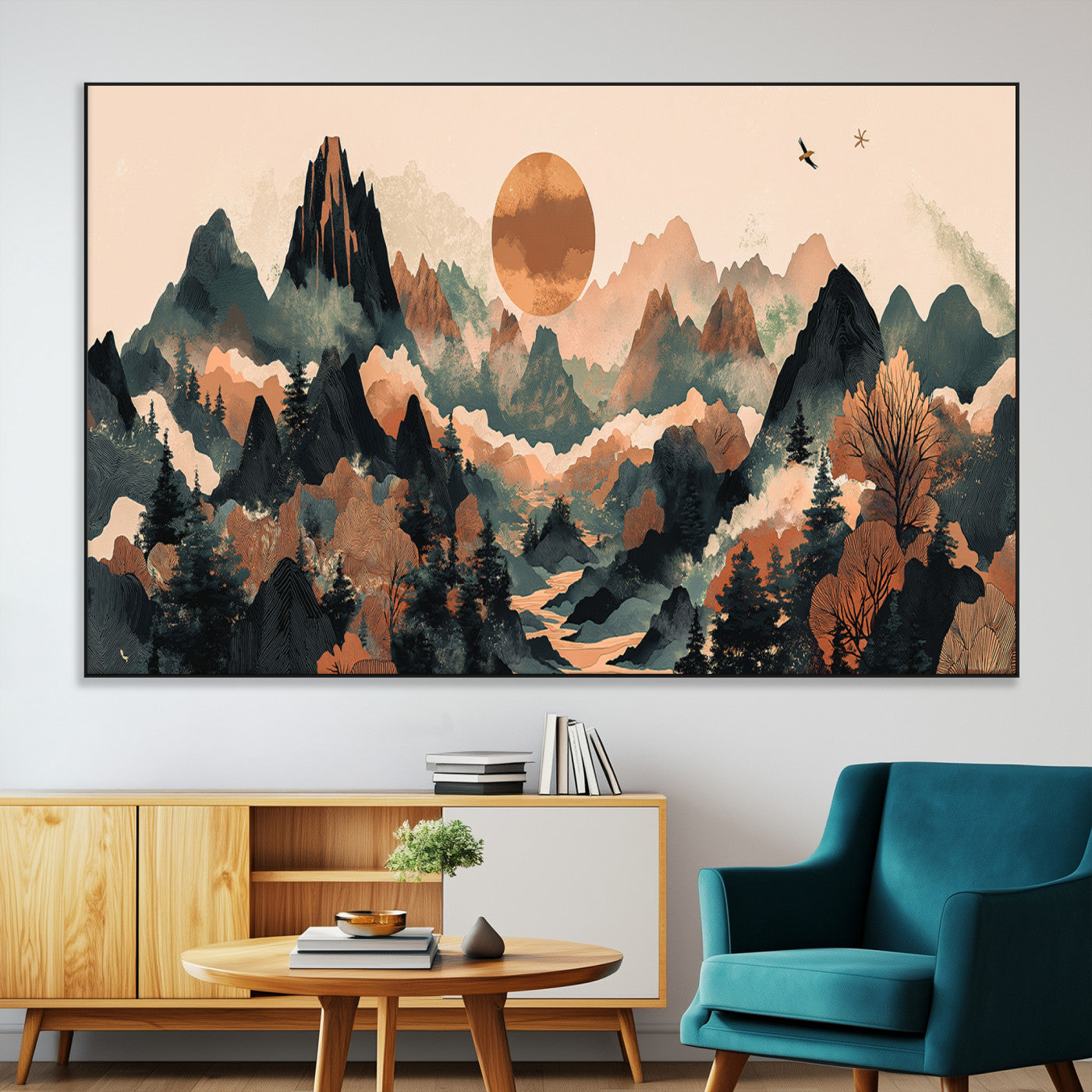 SEG-FC-51X34_Oversize - Wood Mountain Landscape Wall Art Canvas Print, Framed Sunset Hills Art Picture Print, Abstract Nature Perfect Boho Decor Artwork