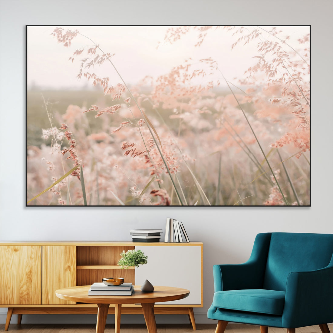 Pastel Grasses Wall Art Canvas Print, Framed Soft Pink Meadow Field in the Breeze