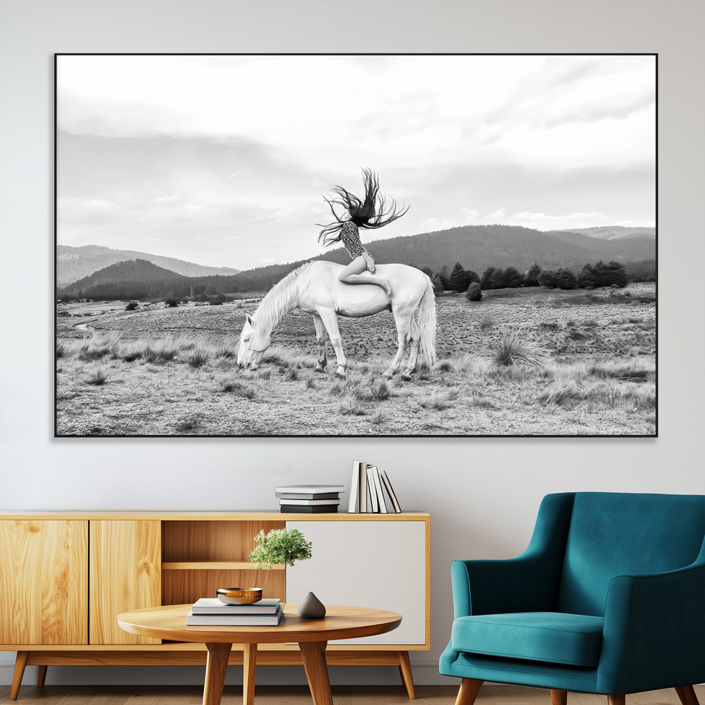 SEG-FC-51X34_Oversize - White Horse Wall Art Canvas Print, Framed Woman Rider Art Picture Print, Equestrian Pose Perfect Western Boho Decor Artwork