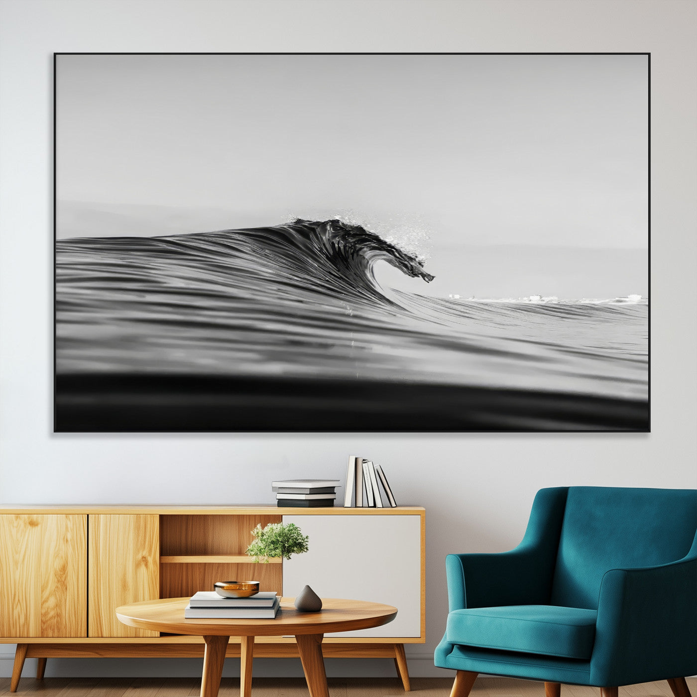 SEG-FC-51X34_Oversize - Black Wave Wall Art Canvas Print, Framed Abstract Surf Art Picture Print, Minimalist Ocean Perfect Minimalist Coastal Decor Artwork