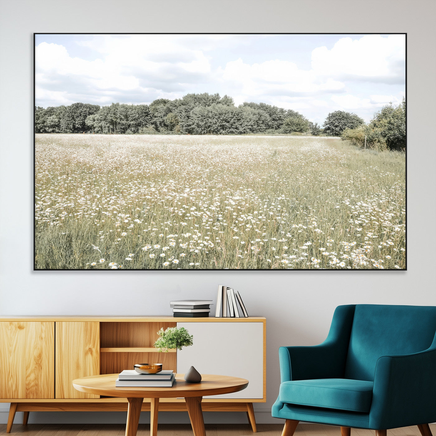 SEG-FC-51X34_Oversize - Charming Daisy Field Wall Art Canvas Print, Framed Pastel Flower Art Picture Print, Meadow Bloom Perfect Scandinavian Minimalist Decor Artwork