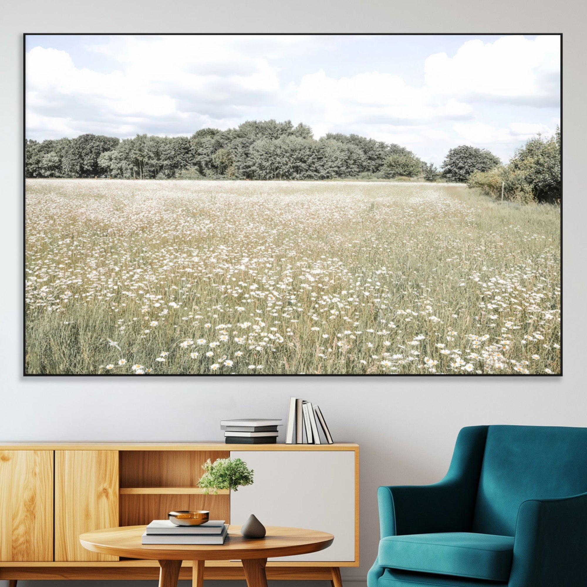 43258946-MGV-CV-36X24-Charming Daisy Field Wall Art Canvas Print – Framed Pastel Flower Meadow Bloom Scandinavian Minimal Artwork for Home Office