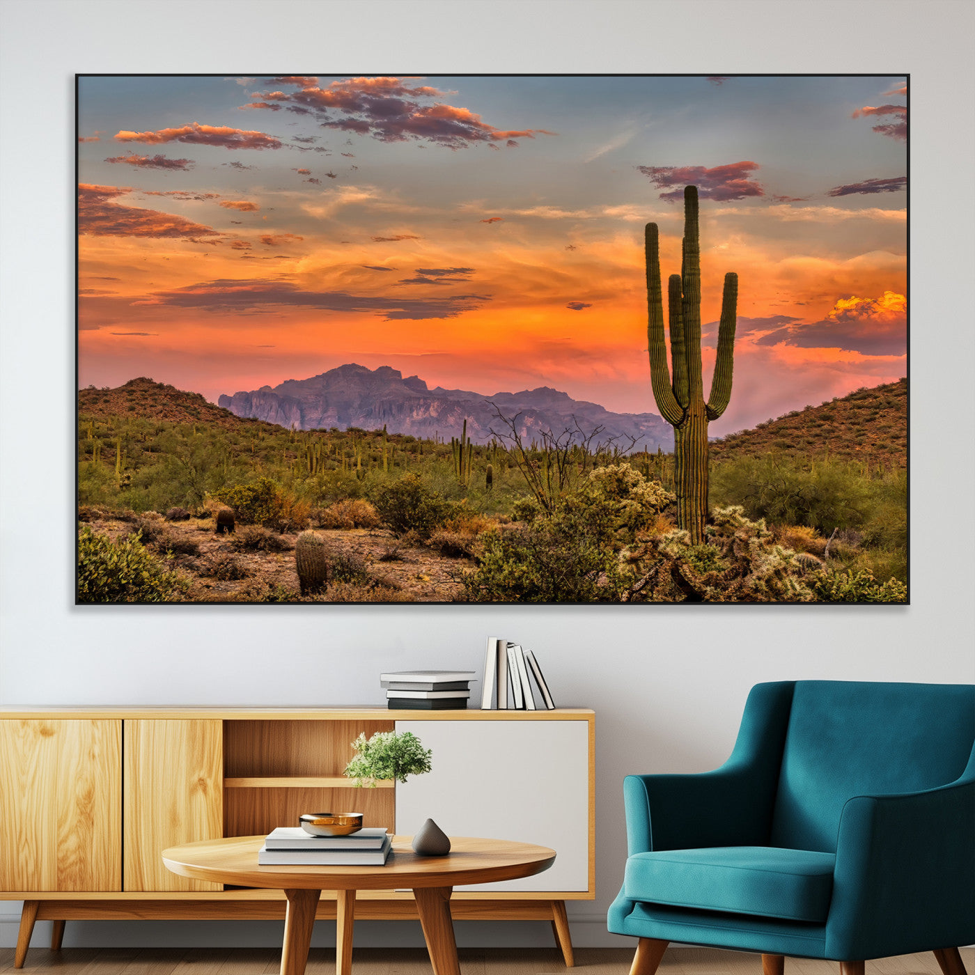 SEG-FC-51X34_Oversize - Saguaro Cactus Wall Art Canvas Print, Framed Arizona Sunset Art Picture Print, Sonoran Desert Perfect Southwestern Boho Decor Artwork