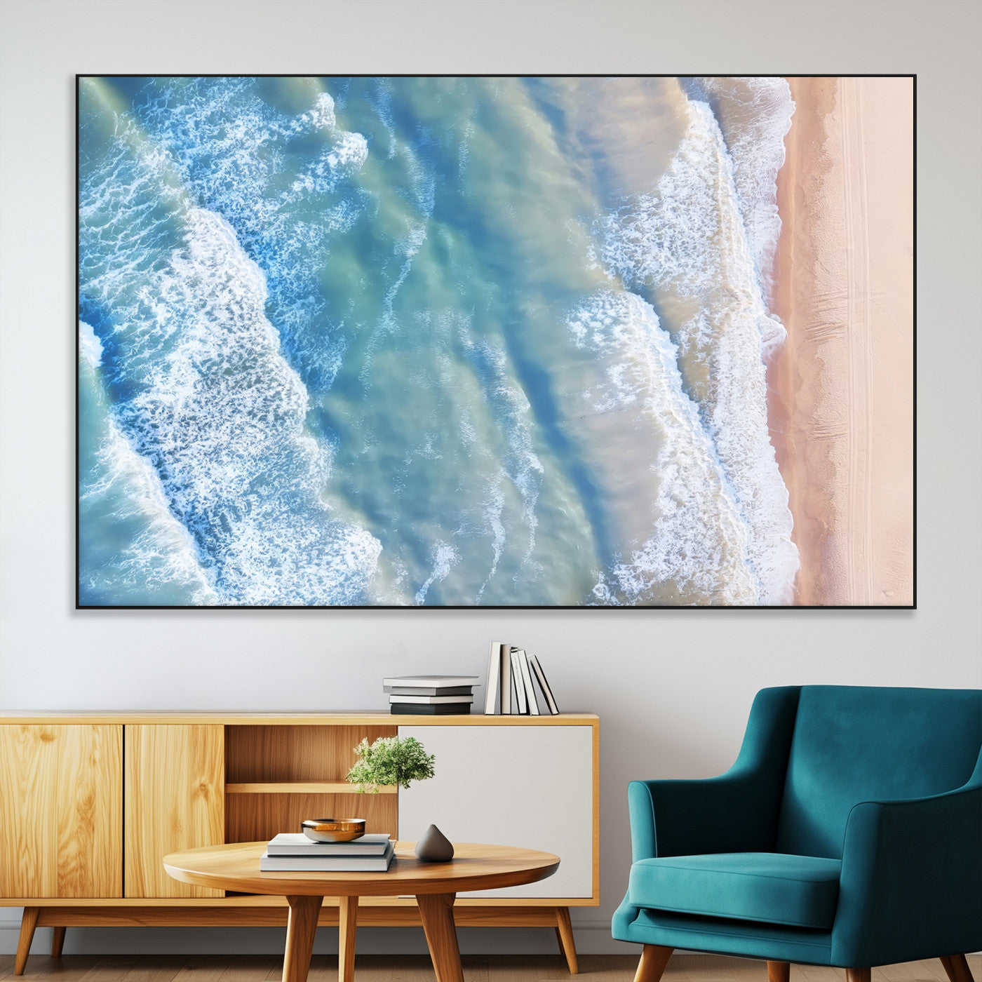 SEG-FC-51X34_Oversize - Aerial Ocean View Wall Art Canvas Print, Framed Soft Blue Waves Art Picture Print, Sandy Shoreline Perfect Modern Coastal Decor Artwork