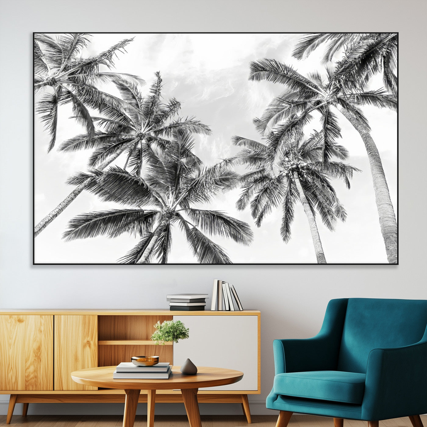SEG-FC-51X34_Oversize - Black White Palm Wall Art Canvas Print, Framed Monochrome Tropics Art Picture Print, Minimalist Beach Perfect Coastal Minimalist Decor Artwork