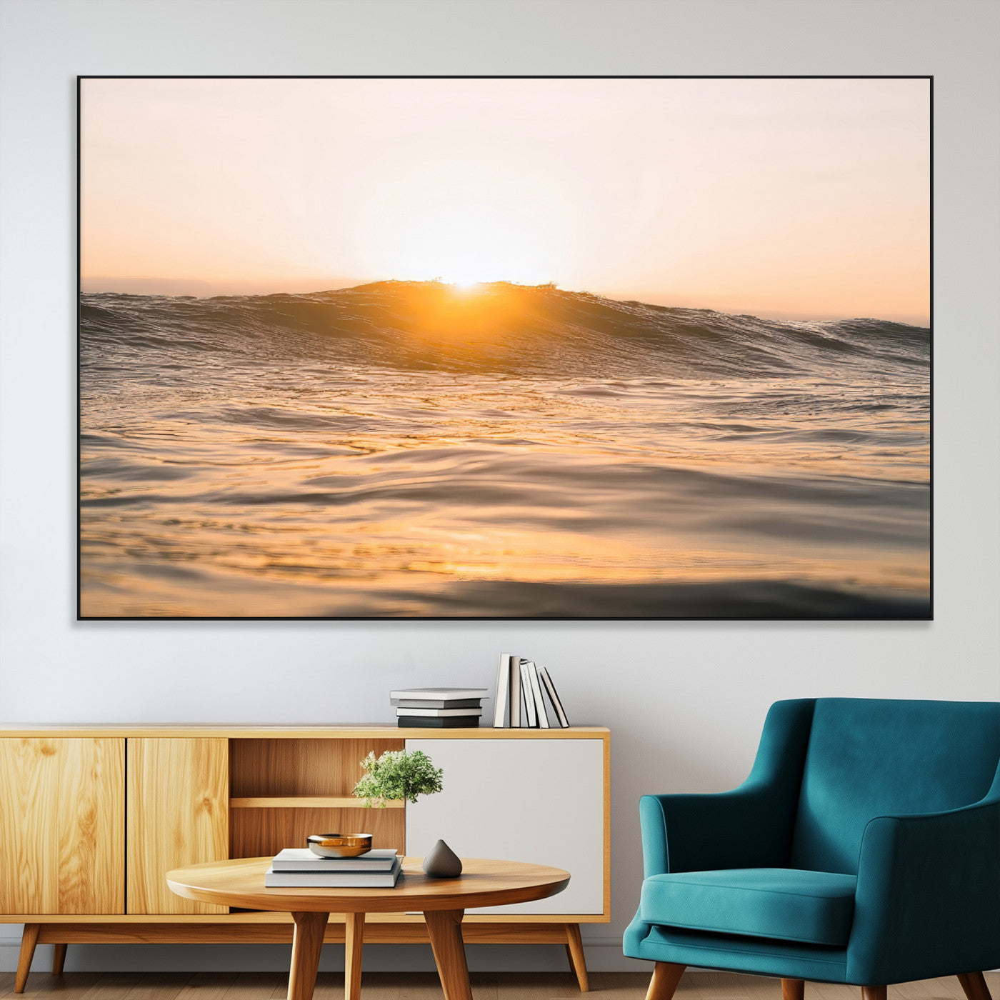 SEG-FC-51X34_Oversize - Calm Water Wall Art Canvas Print, Framed Sunset Waves Art Picture Print, Coastal Warmth Perfect Warm Minimalist Decor Artwork