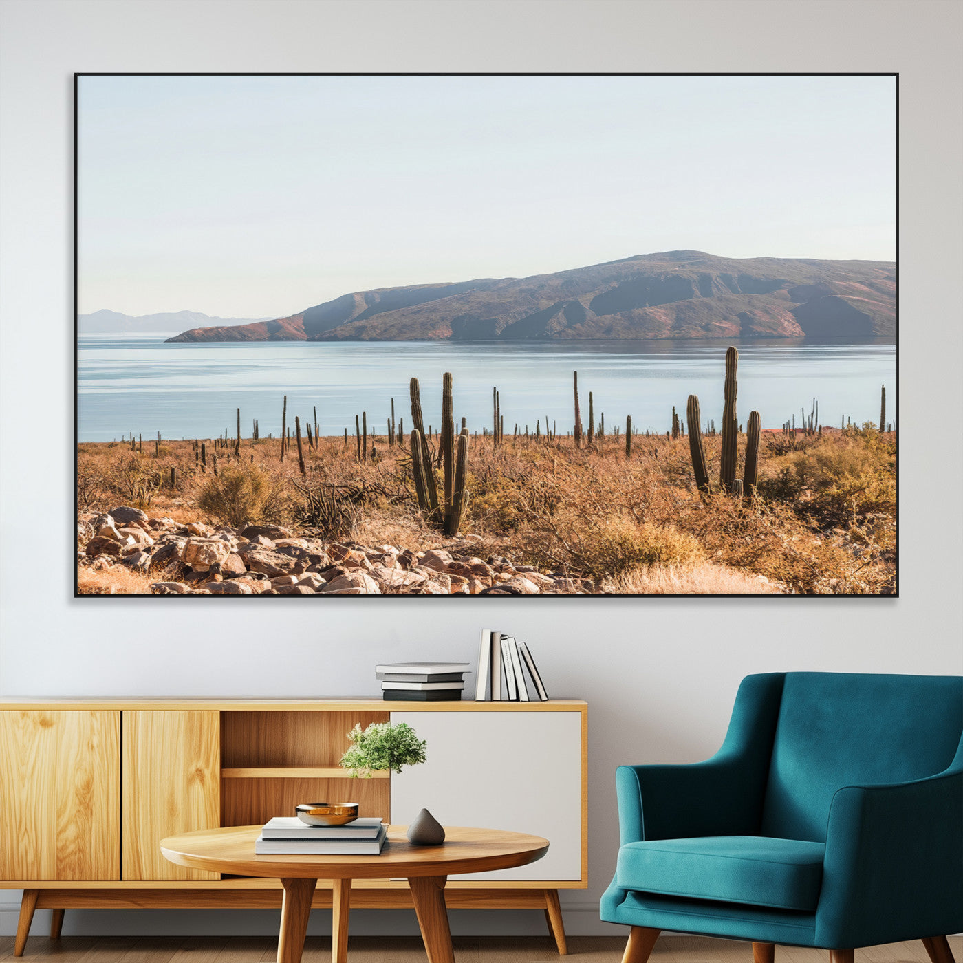 SEG-FC-51X34_Oversize - Desert Cactus Wall Art Canvas Print, Framed Baja Coastline Art Picture Print, Coastal Desert Perfect Southwestern Minimalist Decor Artwork