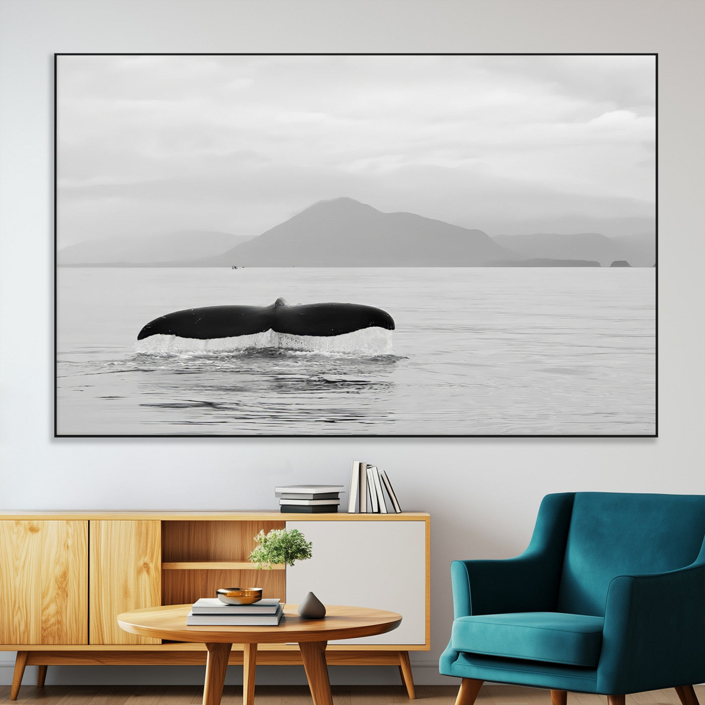 SEG-FC-51X34_Oversize - Whale Tail Wall Art Canvas Print, Framed Black White Ocean Art Picture Print, Calm Marine Perfect Minimalist Coastal Decor Artwork