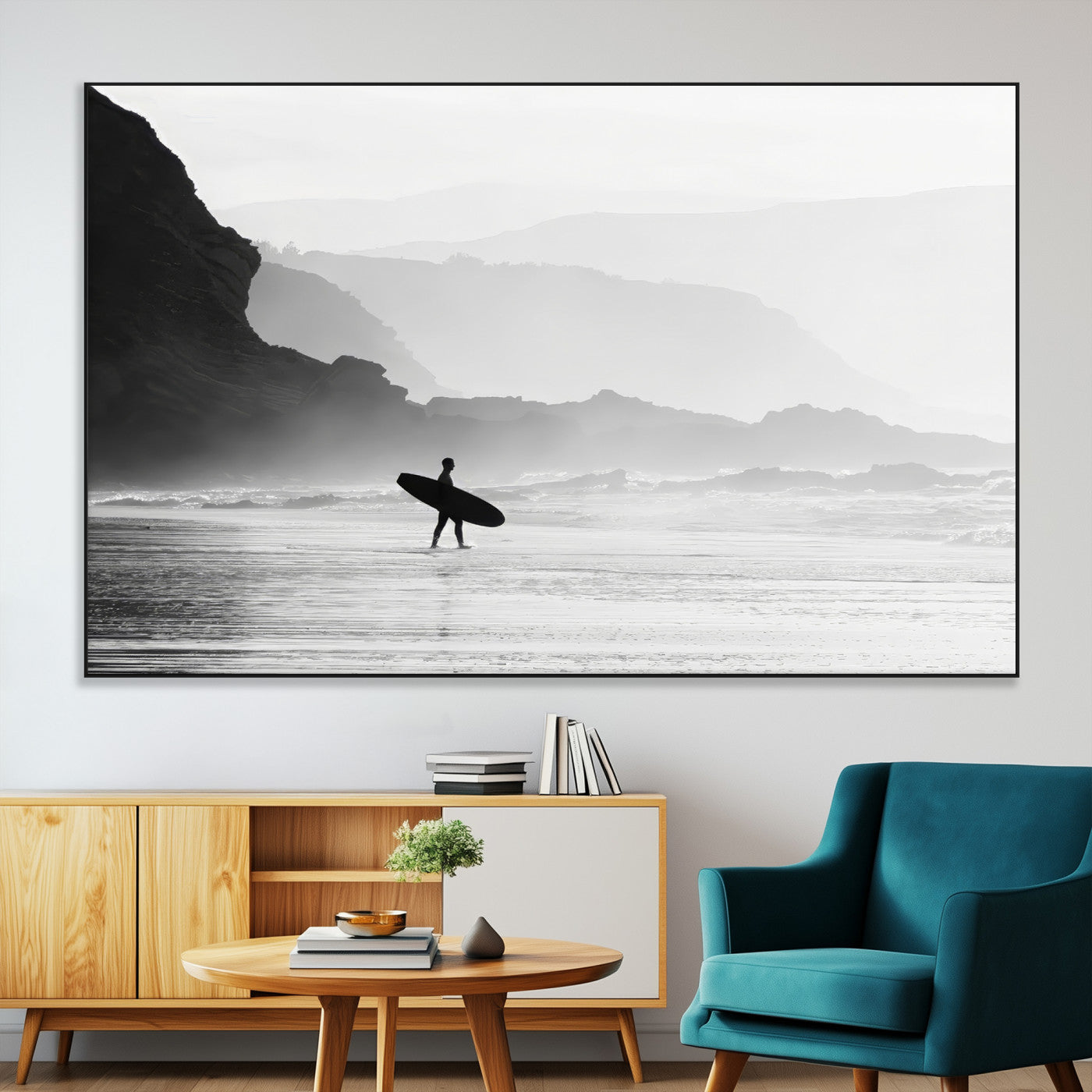 SEG-FC-51X34_Oversize - Surfer In Fog Wall Art Canvas Print, Framed Moody Shoreline Art Picture Print, Cliffside Waves Perfect Minimalist Coastal Decor Artwork