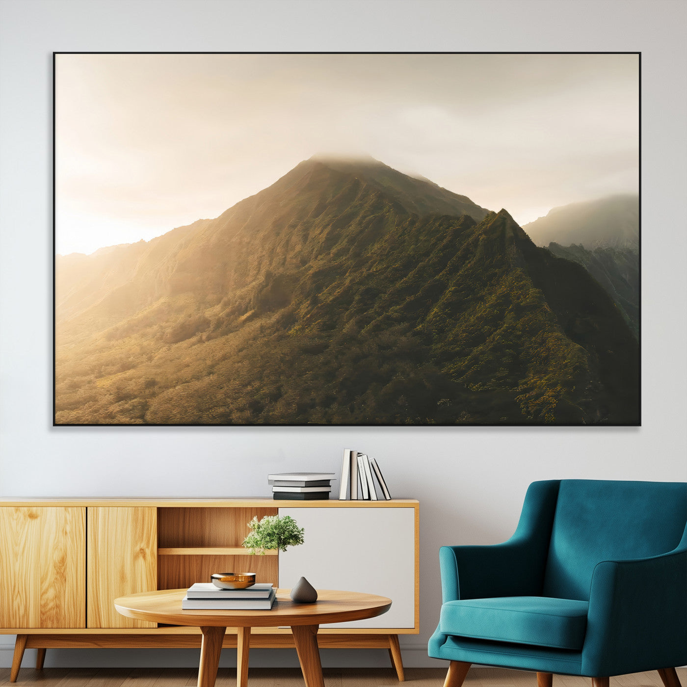 SEG-FC-51X34_Oversize - Golden Mountain Wall Art Canvas Print, Framed Misty Summit Art Picture Print, Rugged Landscape Perfect Moody Wilderness Decor Artwork