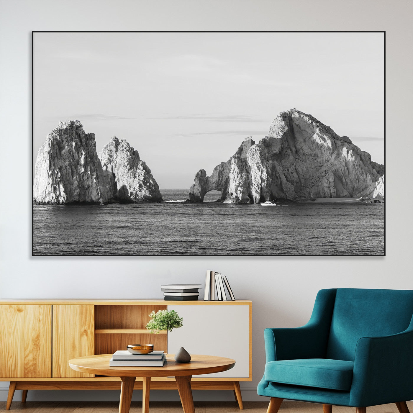 SEG-FC-51X34_Oversize - Rugged Coastline Wall Art Canvas Print, Framed Ocean Cliffs Art Picture Print, Monochrome Seascape Perfect Coastal Minimalist Decor Artwork