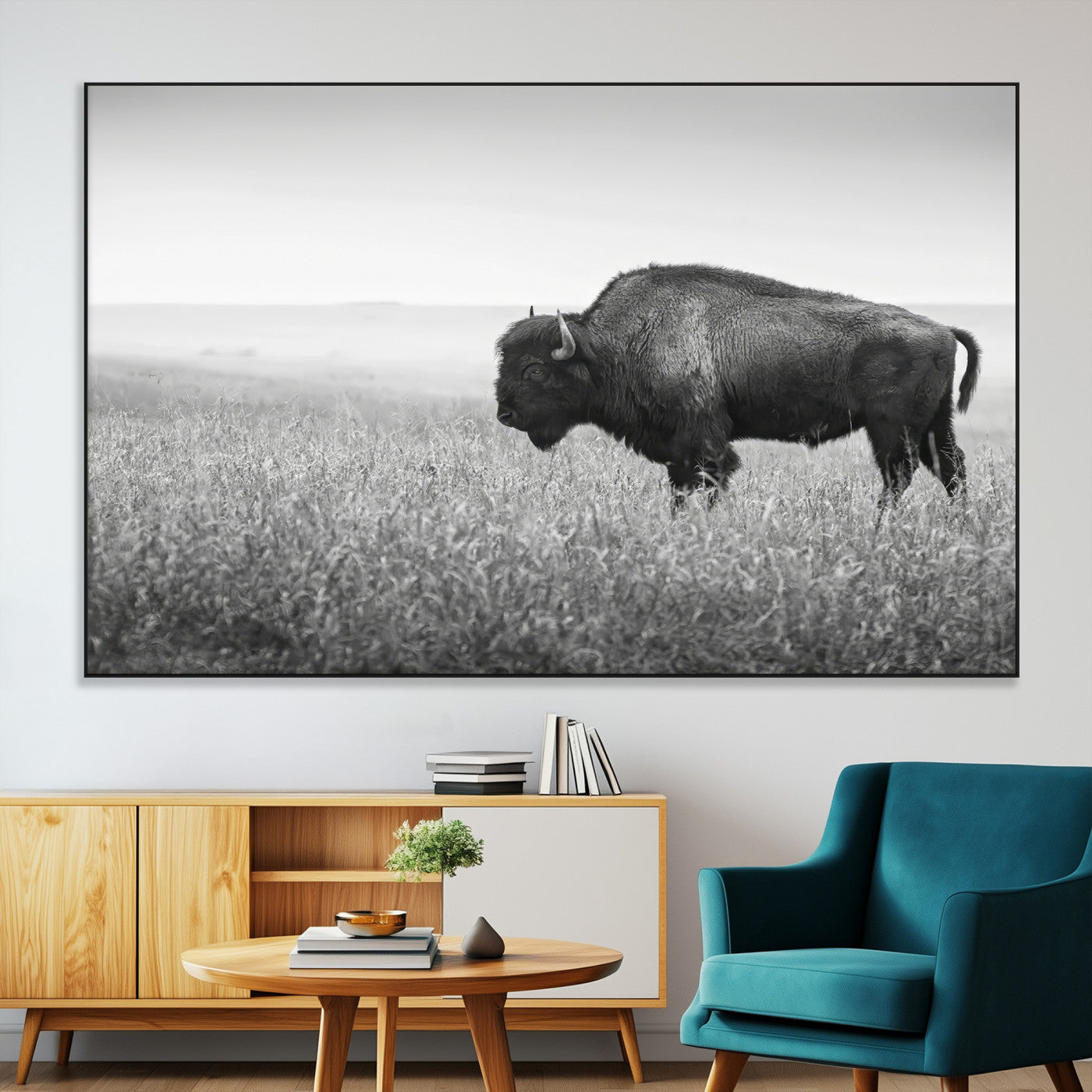 SEG-FC-51X34_Oversize - Bison In Prairie Wall Art Canvas Print, Framed Rustic Wildlife Art Picture Print, Wild Buffalo Perfect Rustic Western Decor Artwork