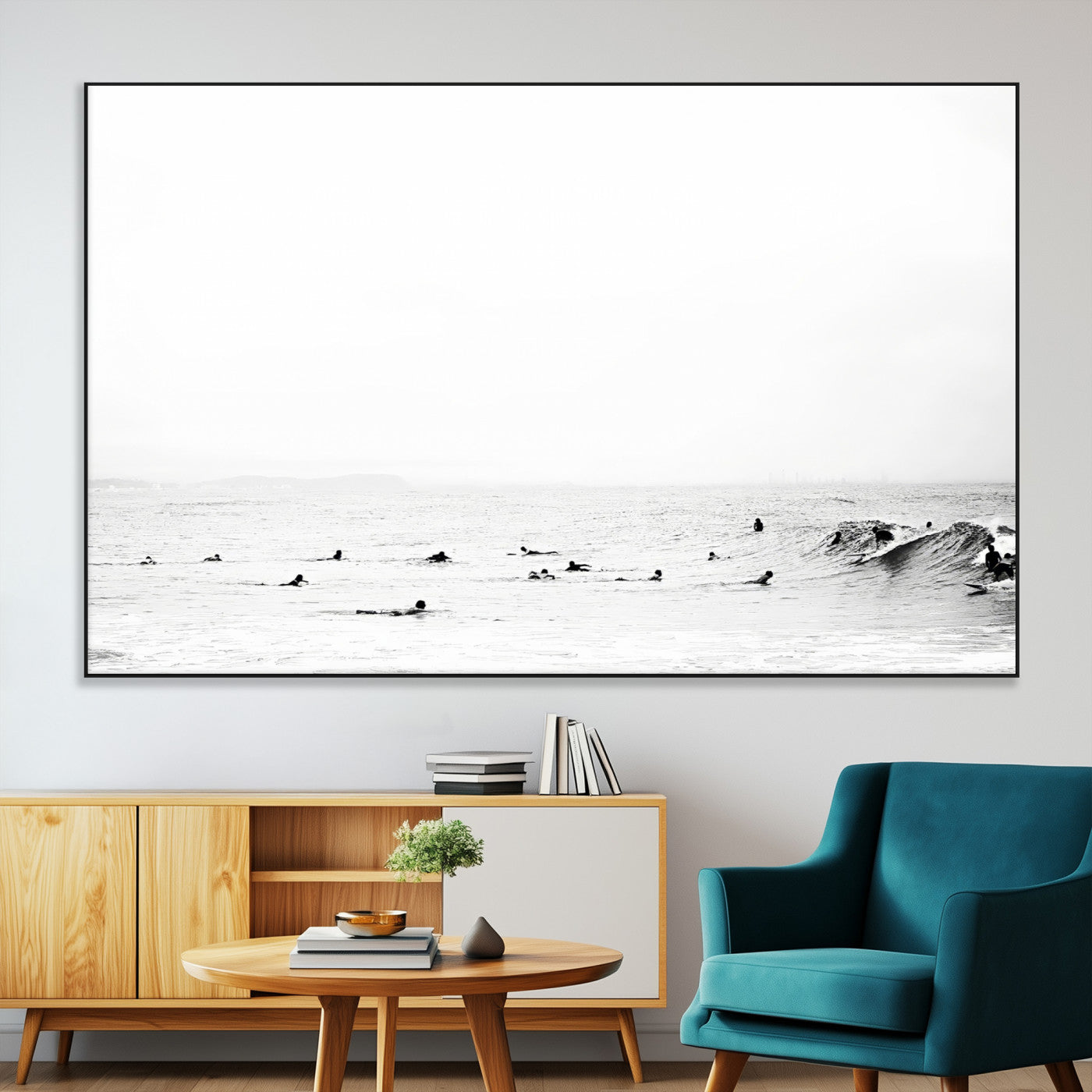 SEG-FC-51X34_Oversize - Monochrome Swimming Wall Art Canvas Print, Framed Ocean Horizon Art Picture Print, Moody Coastal Perfect Minimalist Coastal Decor Artwork