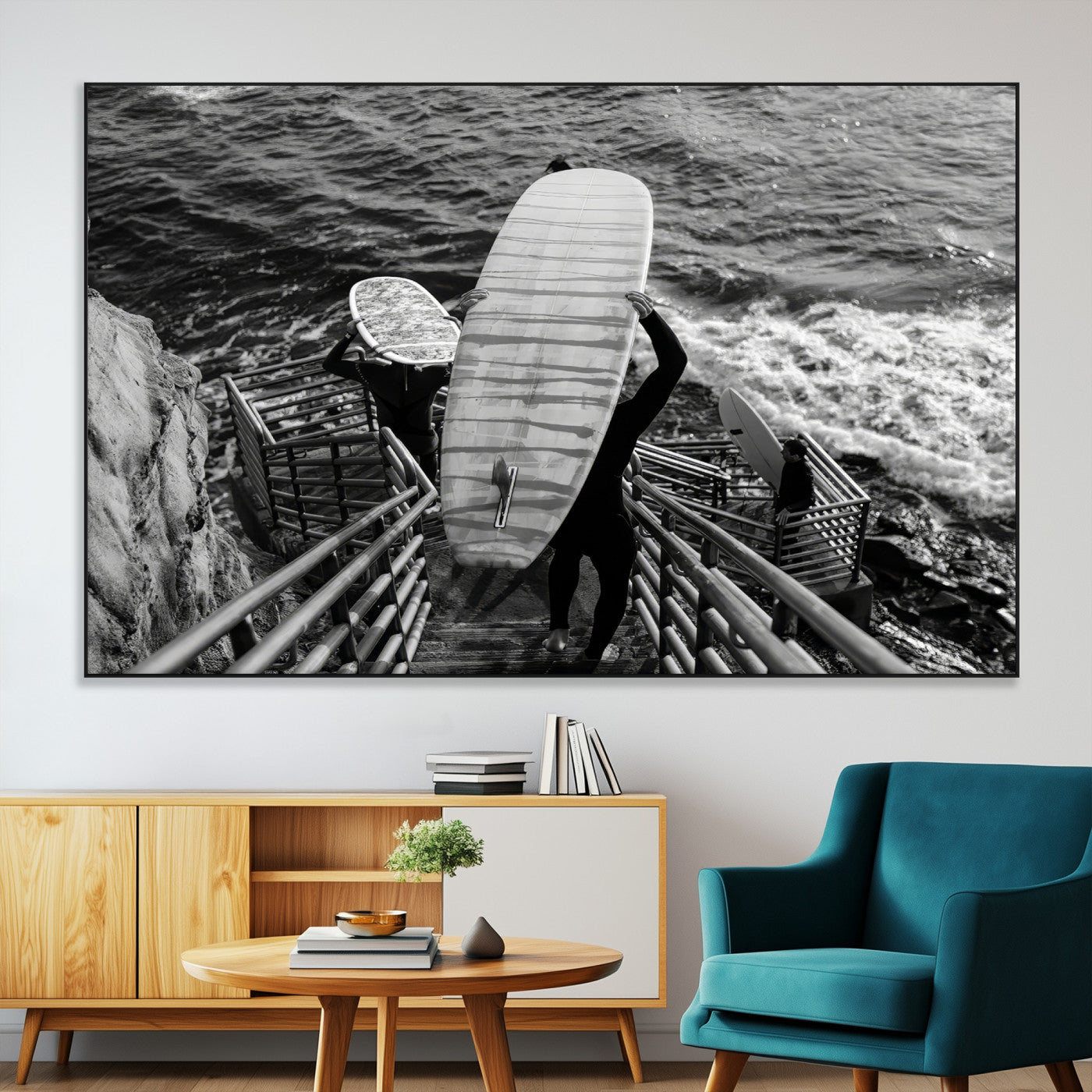 SEG-FC-51X34_Oversize - Black White Surfing Wall Art Canvas Print, Framed Coastal Surfing Art Picture Print, Wave Riders Perfect Coastal Adventure Decor Artwork