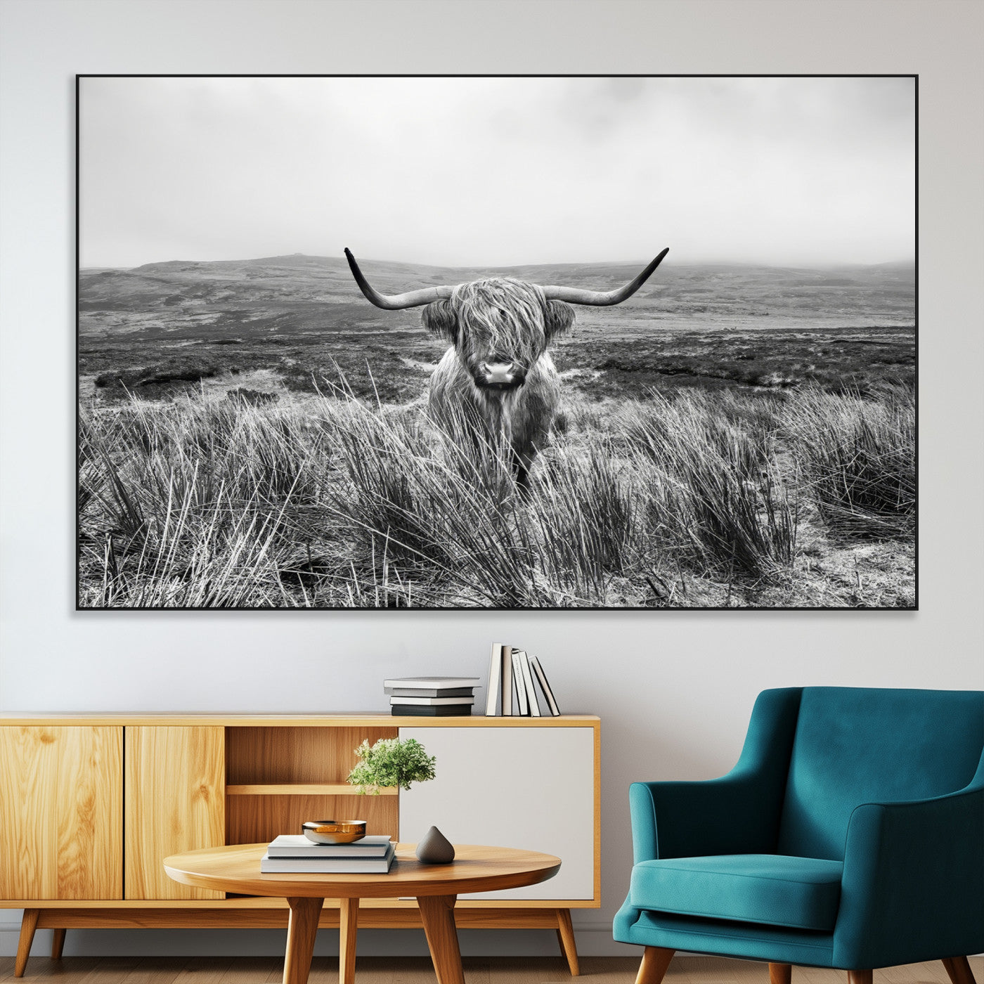 SEG-FC-51X34_Oversize - Monochrome Highland Cow Wall Art Canvas Print, Framed Scottish Bull Art Picture Print, Lone Cattle Perfect Rustic Farmhouse Decor Artwork