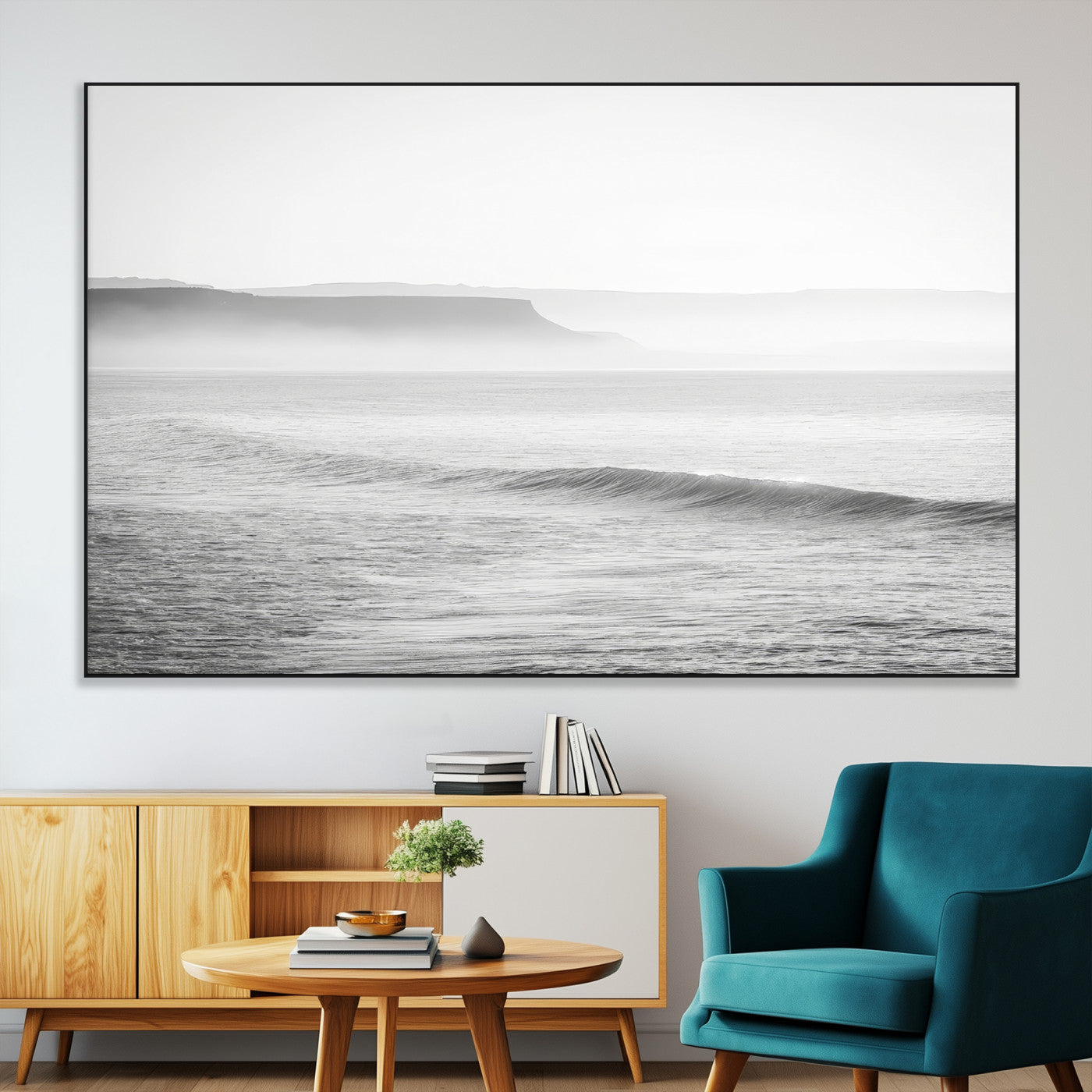 SEG-FC-51X34_Oversize - Black White Seascape Wall Art Canvas Print, Framed Ocean Waves Art Picture Print, Misty Coastal Perfect Minimalist Coastal Decor Artwork