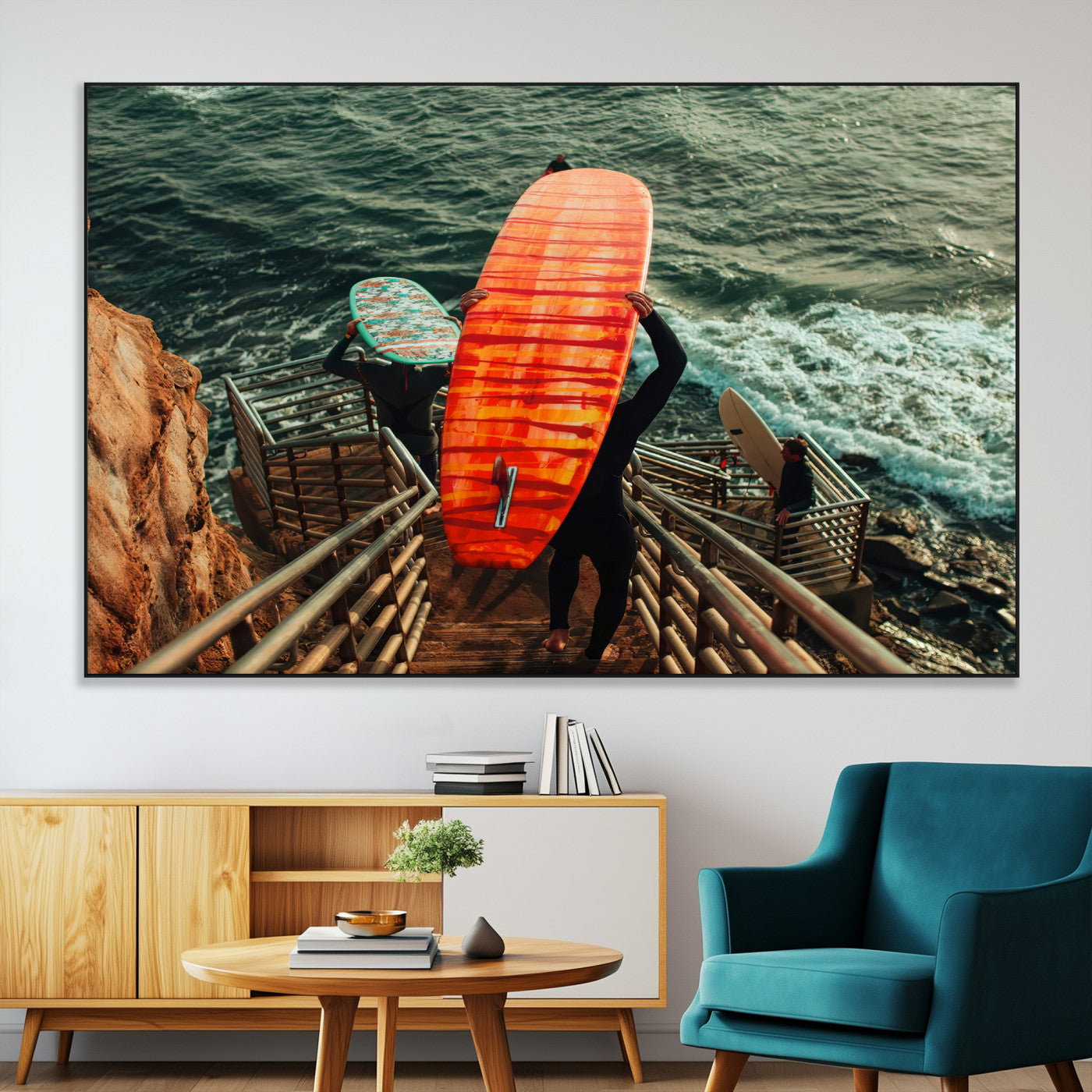SEG-FC-51X34_Oversize - Surfer Stairway Wall Art Canvas Print, Framed Ocean Surf Art Picture Print, Sunset Coastal Perfect Coastal Adventure Decor Artwork