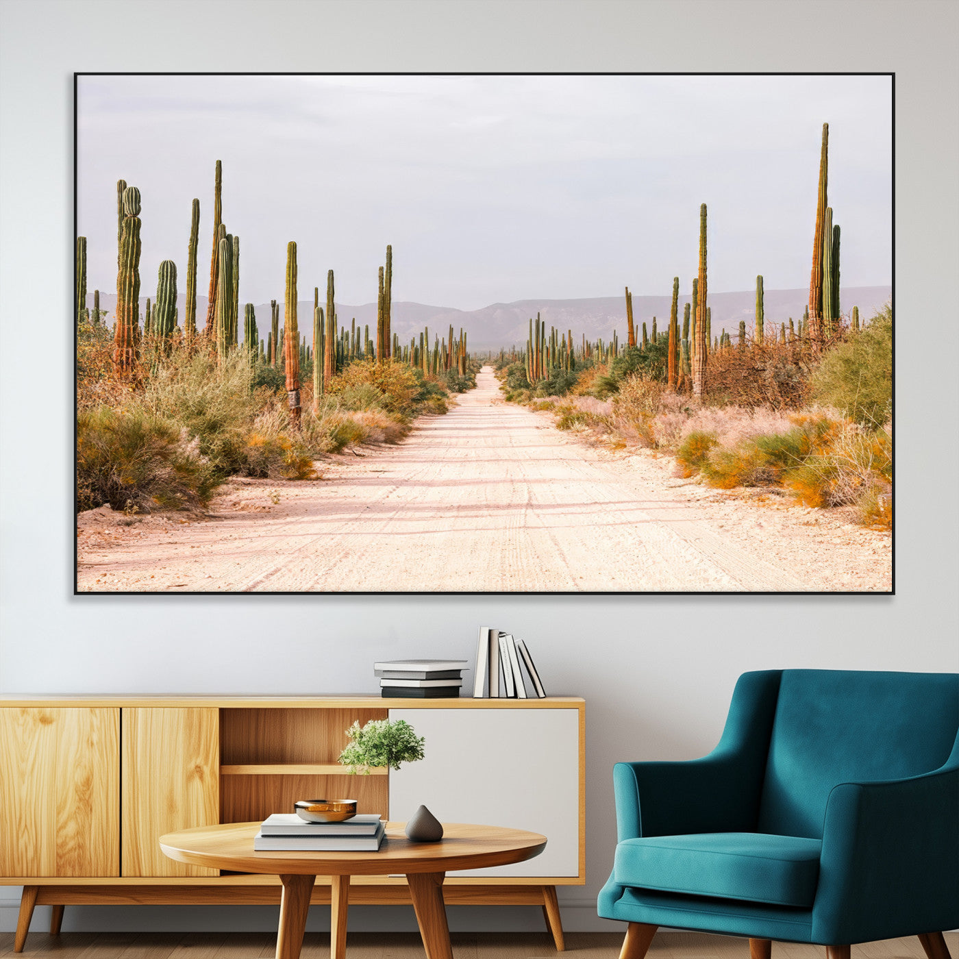 SEG-FC-51X34_Oversize - Desert Cactus Lined Road Wall Art Canvas Print, Framed Southwestern Landscape Art Picture Print, Bohemian Western Aesthetic Perfect Southwestern Boho Decor Artwork
